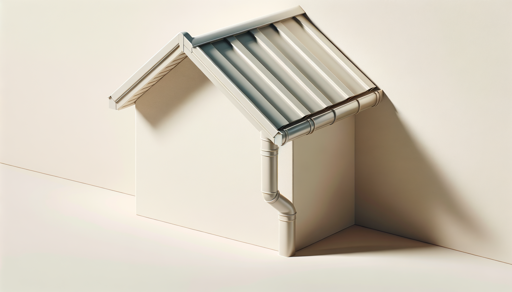 House-shaped structure made of beige material with a metallic roof and a drainage pipe attached to one side.