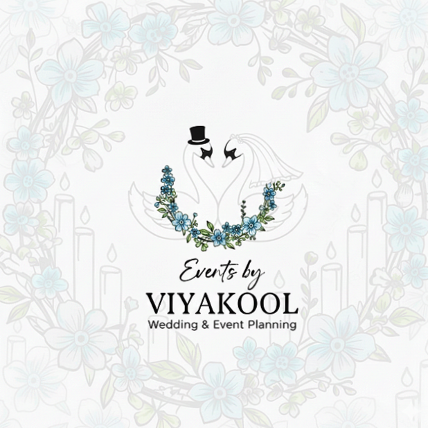 Invitation or logo for Events by Viyakool, wedding and event planning company, featuring two swans with a top hat and a veil, surrounded by a floral wreath.