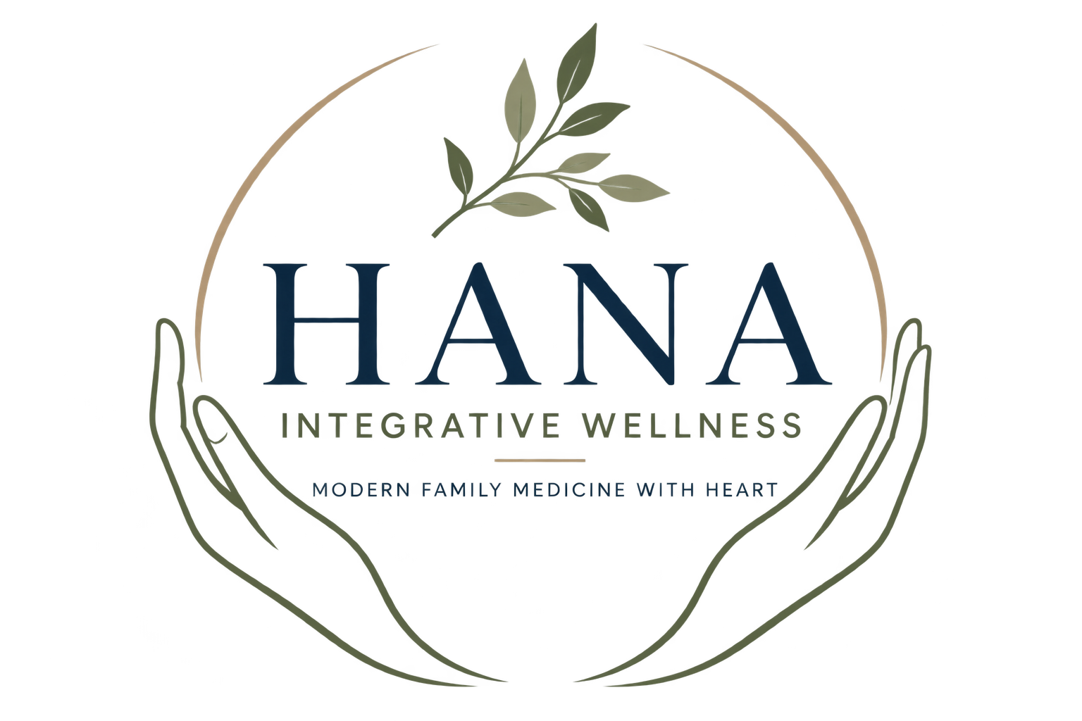 Logo for Hana Integrative Wellness, including a hand holding a circular emblem with a leaf, the text "HANA" in large letters, "Integrative Wellness" underneath, and the tagline "Modern Family Medicine with Heart".