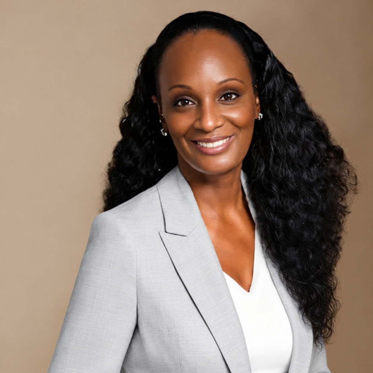 Professional woman with long black curly hair wearing a light gray blazer and white top, smiling, portrait against beige background.