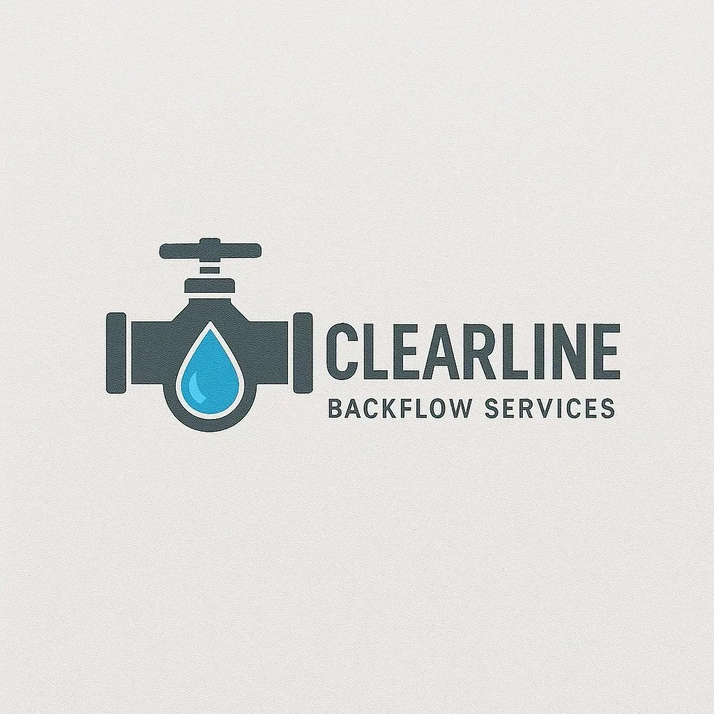 Logo for ClearLine Backflow Services featuring a water droplet integrated into a pipe with a valve on top.