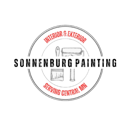 Logo for Sonnenburg Painting with a paint roller, paint brush, and paint bucket, featuring text about interior and exterior painting serving Central Minnesota.