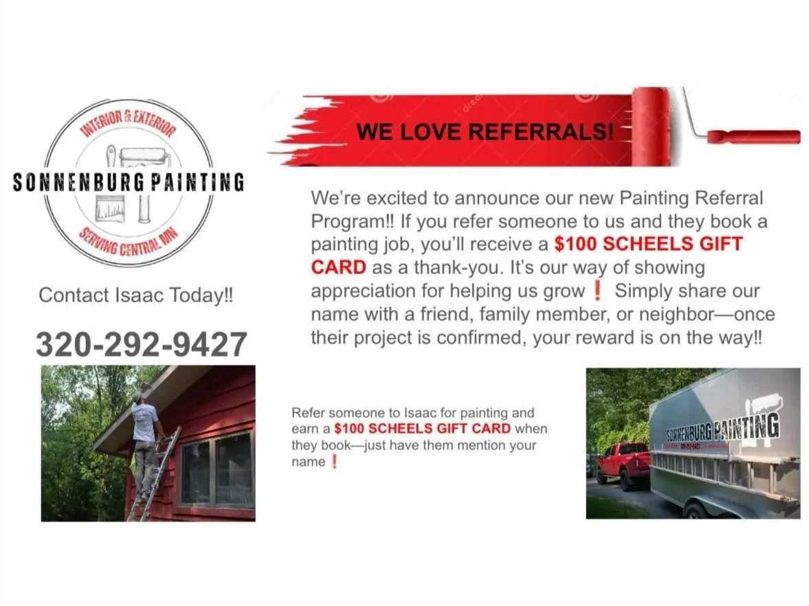 Flyer for Sonnenburg Painting's referral program featuring a paint roller, images of a painter on a ladder painting a house, and a painting truck. Text promoting the program and contact information.