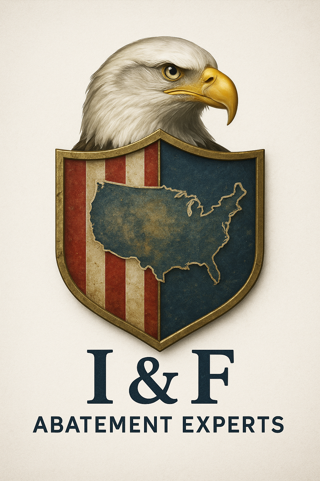 A logo featuring a bald eagle's head above a shield with a map of the United States, with the text 'I & F Abatement Experts' below.