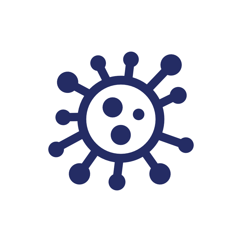 Graphic of a virus with a face resembling a skull in dark blue.