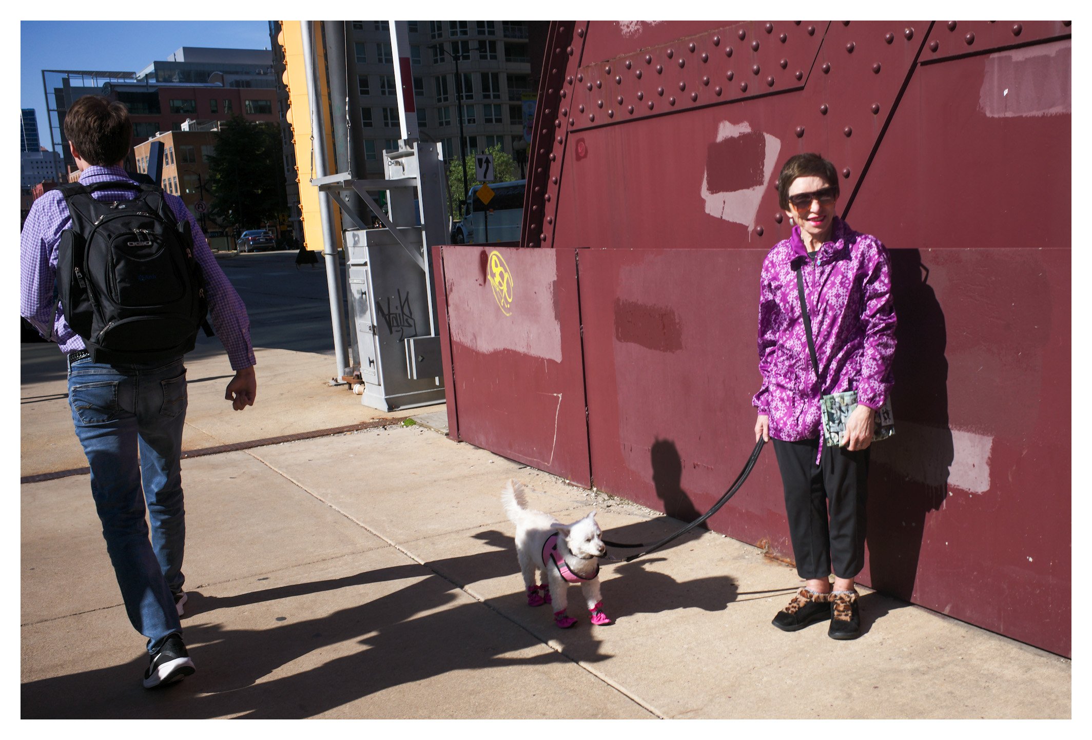 Sometimes the smallest details tell the best stories. A fashionable pup and its owner bring a touch of humor and charm to the streets of Chicago.