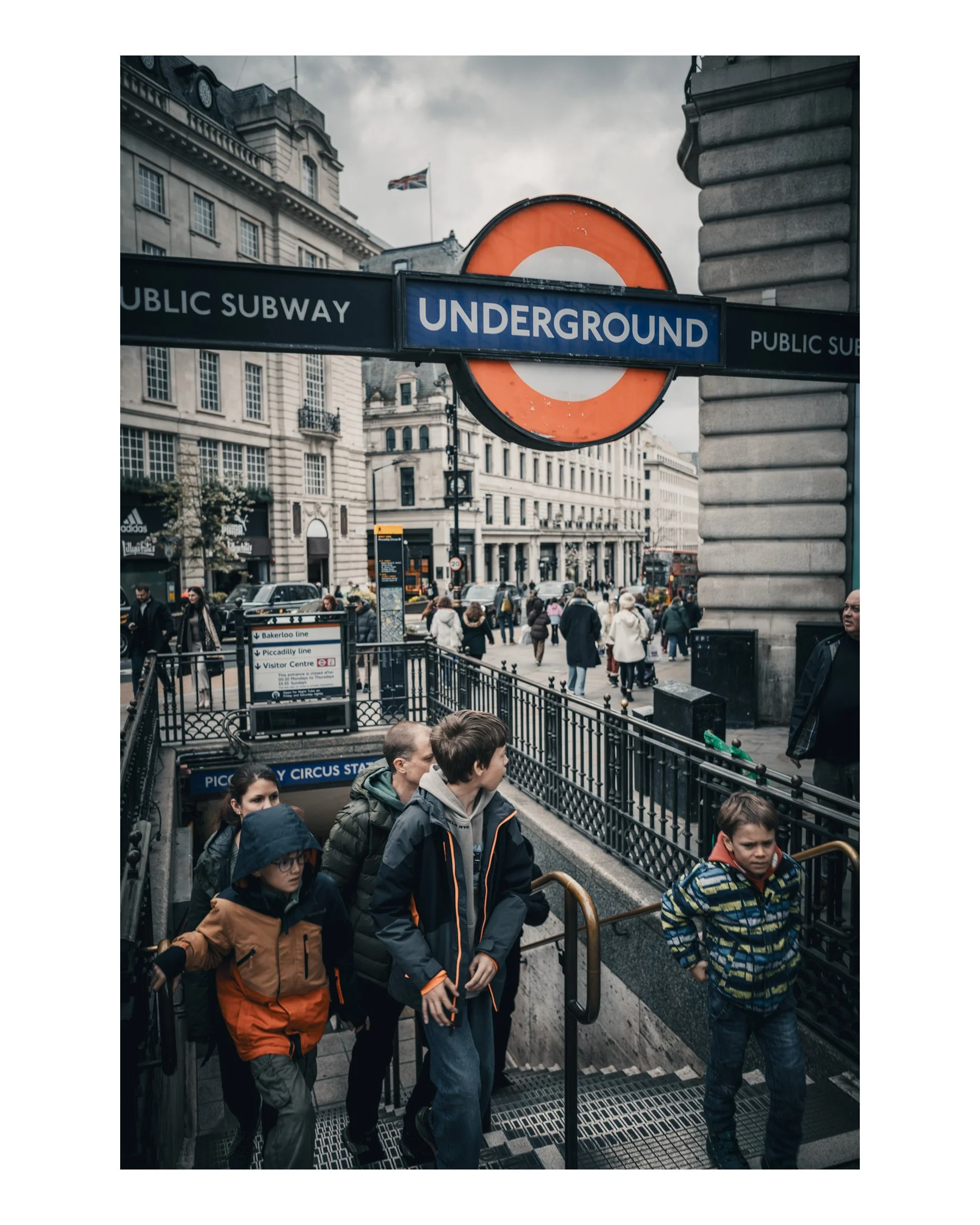 An iconic symbol of London—bold, timeless, and instantly recognizable, the Underground sign captures the pulse of the city beneath its streets.