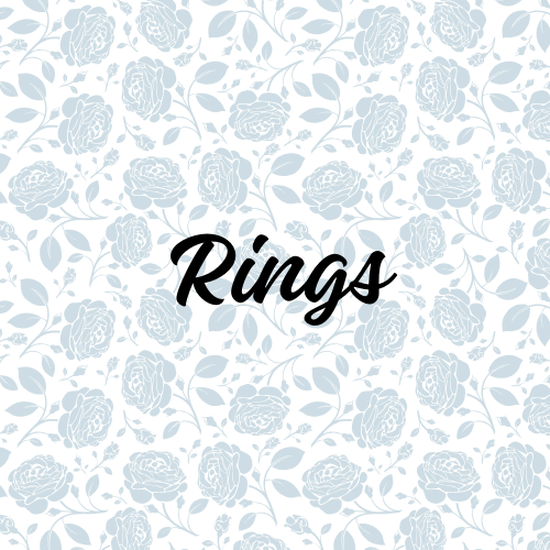 Pattern of light blue roses and leaves with the word 'Rings' in black script in the center.