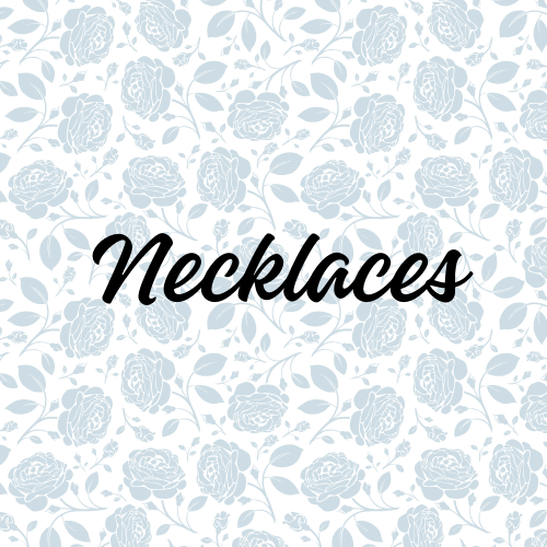 A patterned background with light blue floral design and the word 'Necklaces' in black cursive font in the center.