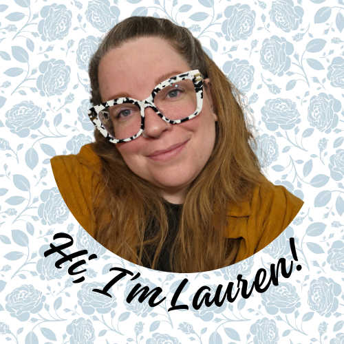 Portrait of a woman wearing large, patterned glasses and a mustard-yellow top, smiling against a light blue floral background with the text 'Hi! I'm Lauren!' at the bottom.