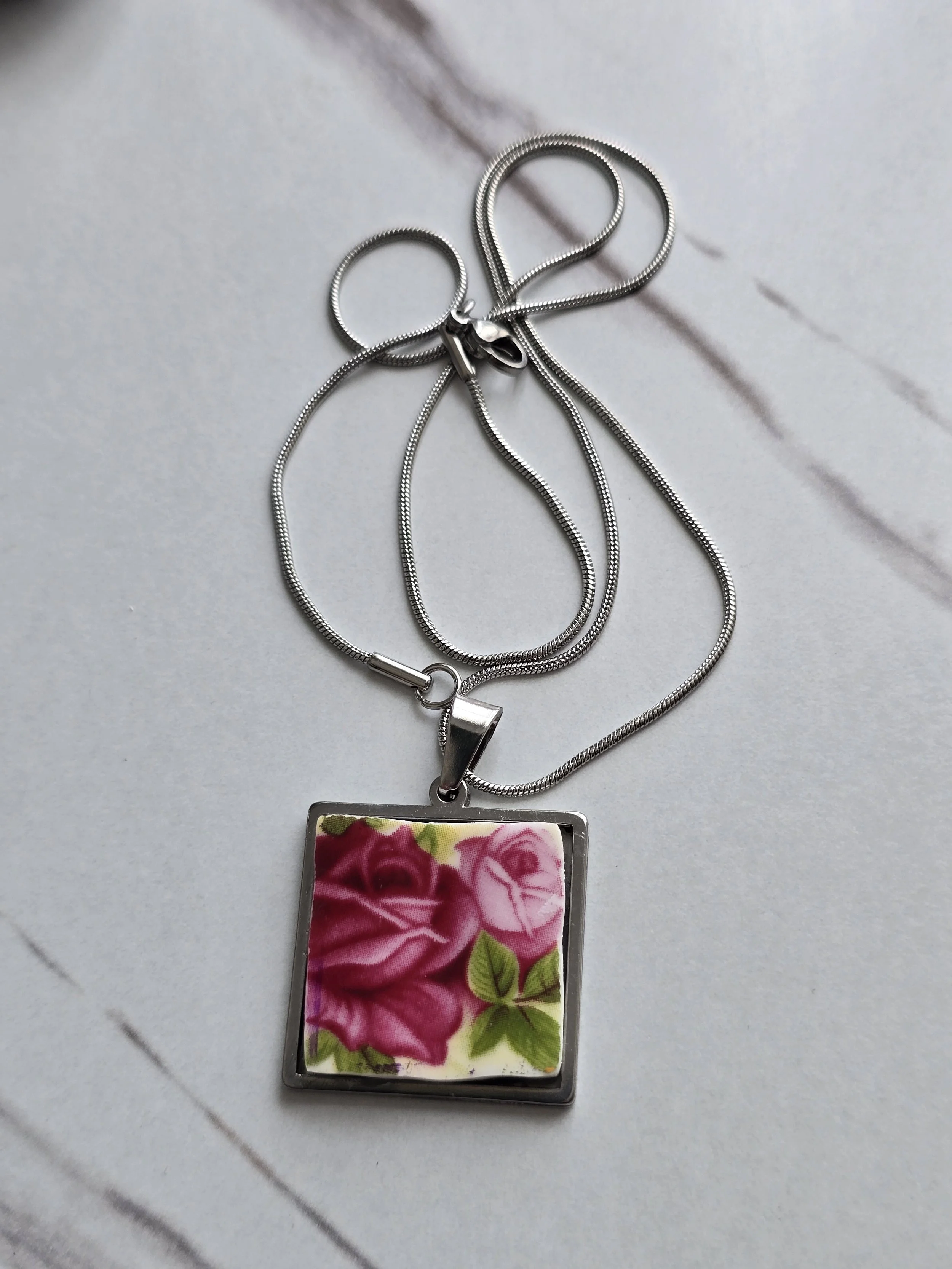 Floral Broken China Plate Pendant Necklace