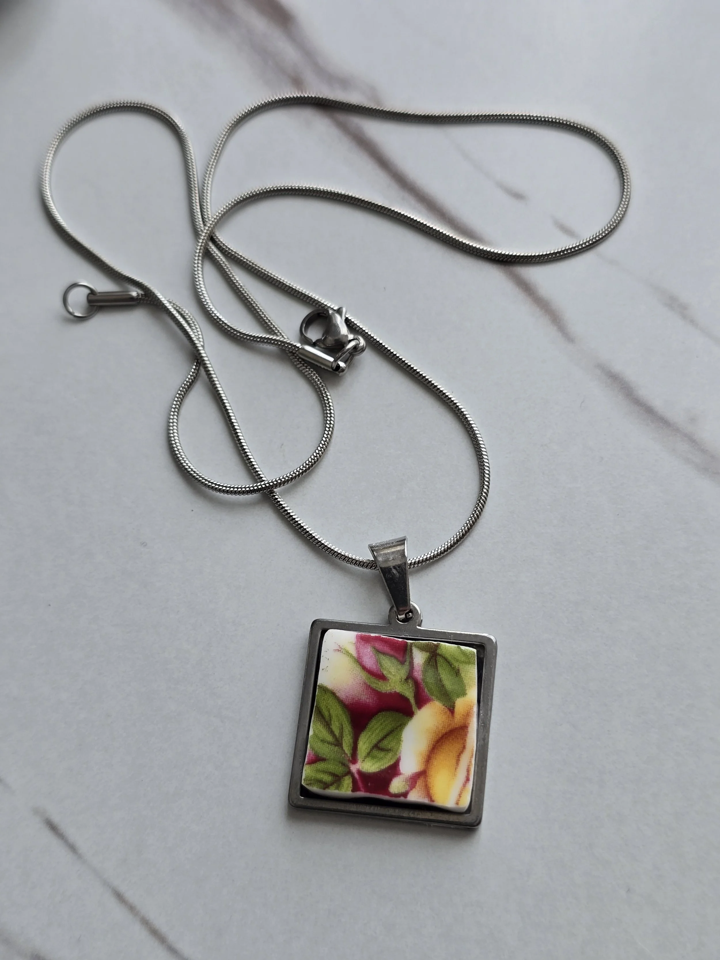Floral Broken China Plate Pendant Necklace