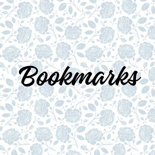Light blue background with a pattern of peony flowers and leaves, and the word 'Bookmarks' written in black cursive font in the center.