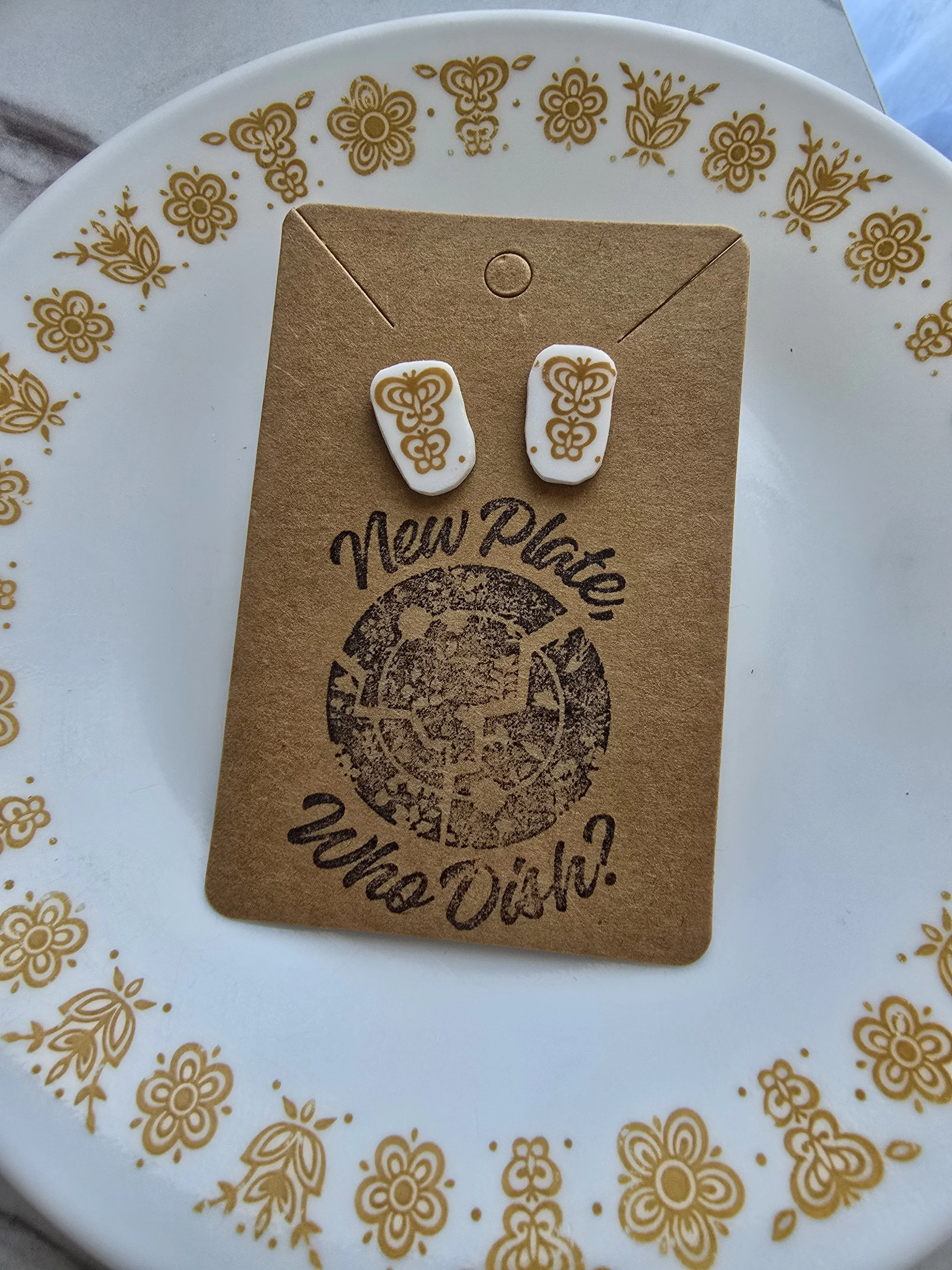 Broken Plate Corelle gold butterfly earrings