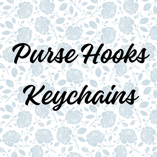 Text overlay on a floral background that reads "Purse Hooks Keychains" in black cursive font.