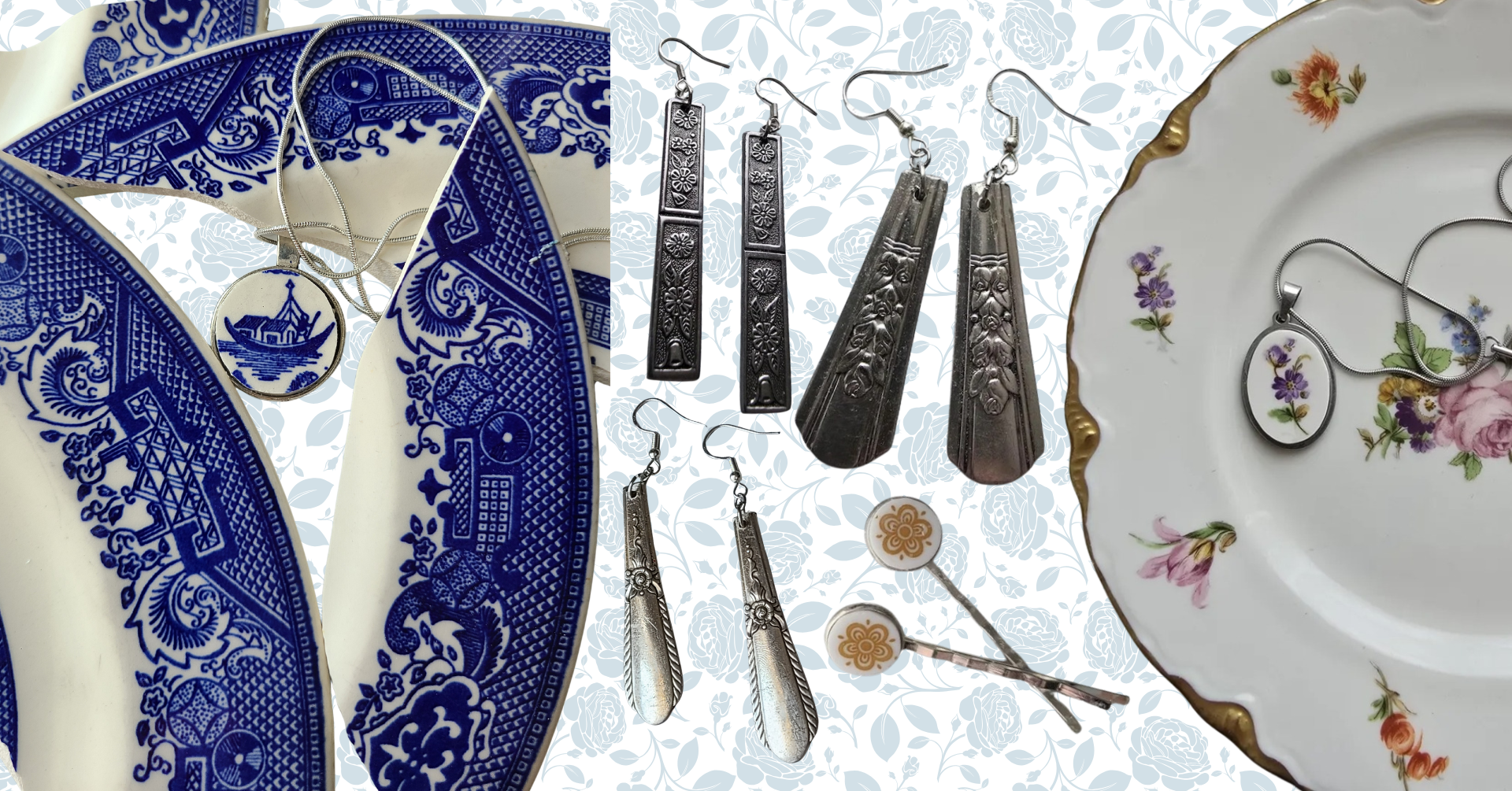 Collection of vintage jewelry including silver necklaces, earrings, and a brooch, displayed on decorative porcelain plates with floral patterns.