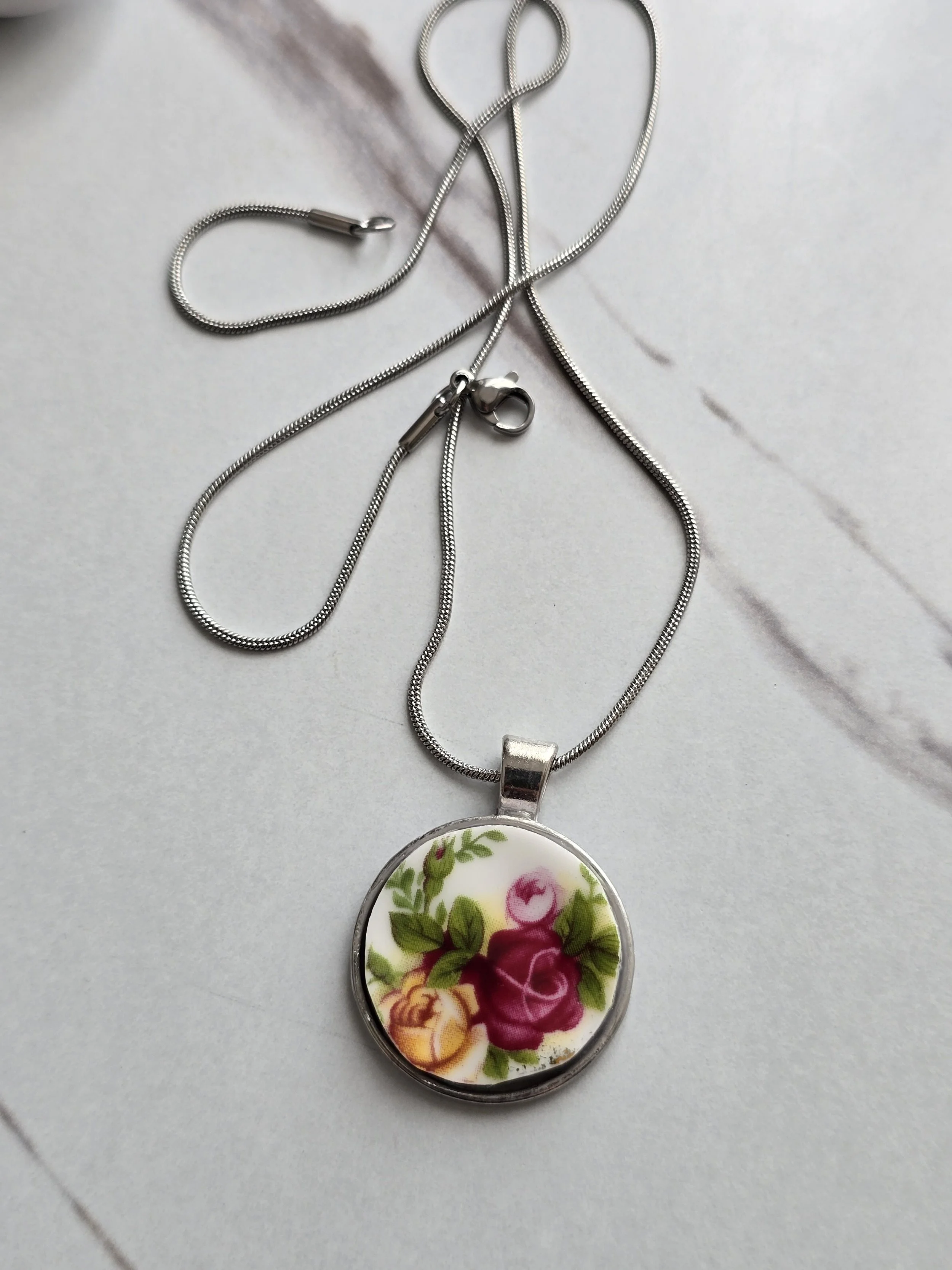 Floral Broken China Plate Pendant Necklace
