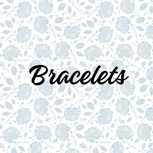 Pattern of light blue roses and leaves with the word "Bracelets" in black cursive font in the center.