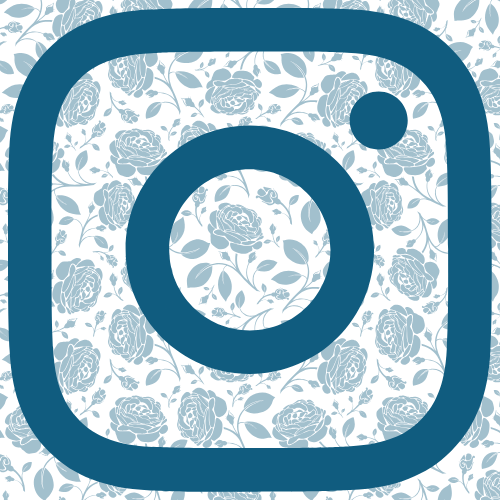 Instagram logo with a floral pattern background featuring roses and leaves in shades of light blue and white.