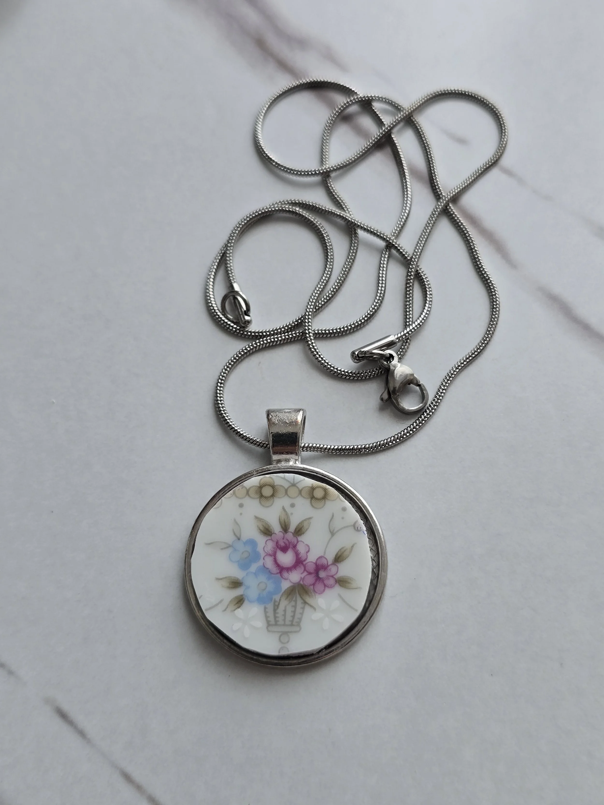 Floral Broken China Plate Pendant Necklace