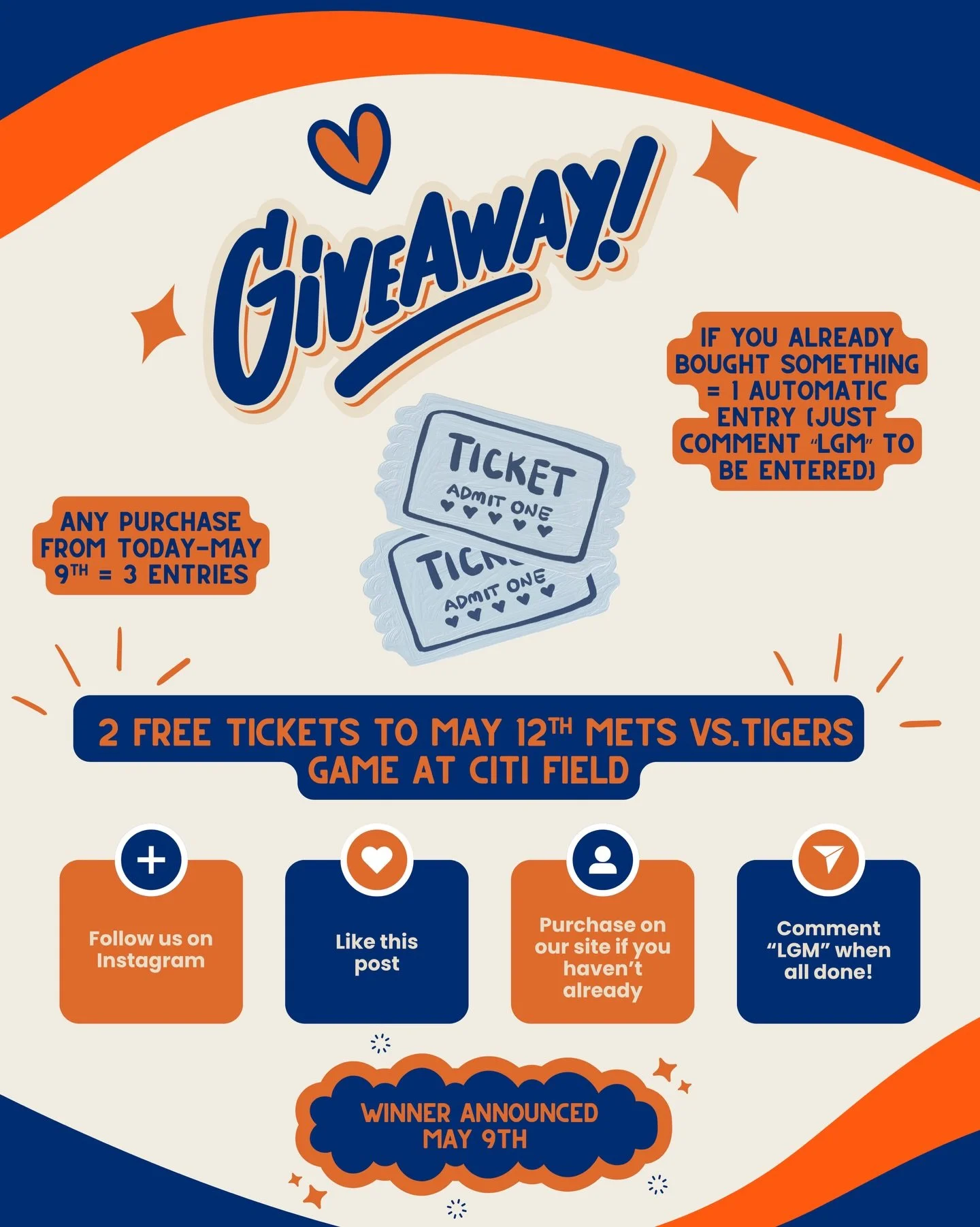 To kick off May and celebrate last night&rsquo;s win, we&rsquo;re doing a GIVEAWAY 🎉
 We&rsquo;re giving away 2 tickets to the Tuesday, May 12th Mets vs. Tigers game (Sec 522, Row 2) ⚾️

How to enter:
1. Follow us on Instagram @ballpark.babes 
2. Li