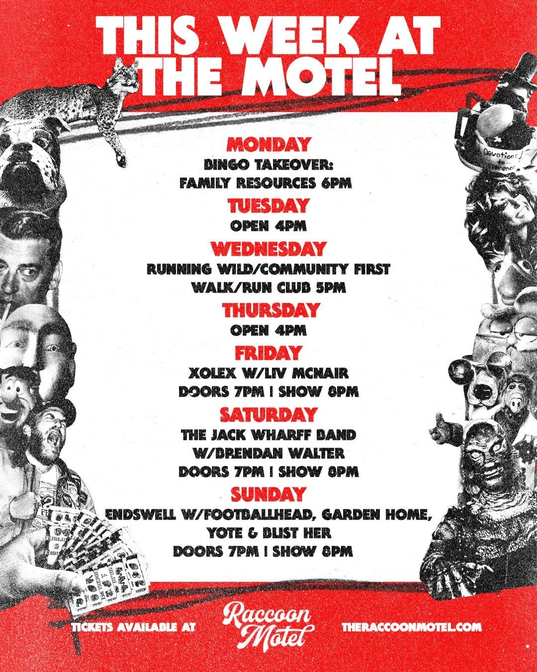 Here is who is checking into the motel this week! 🦝🎶🍻

come down tonight and support our community this Dr. MLK Jr. day- bingo 6-8 benefitting @famresqc $2 a card $5/3

(also stop spitting zyns in the urinals, it&rsquo;s making me sad)