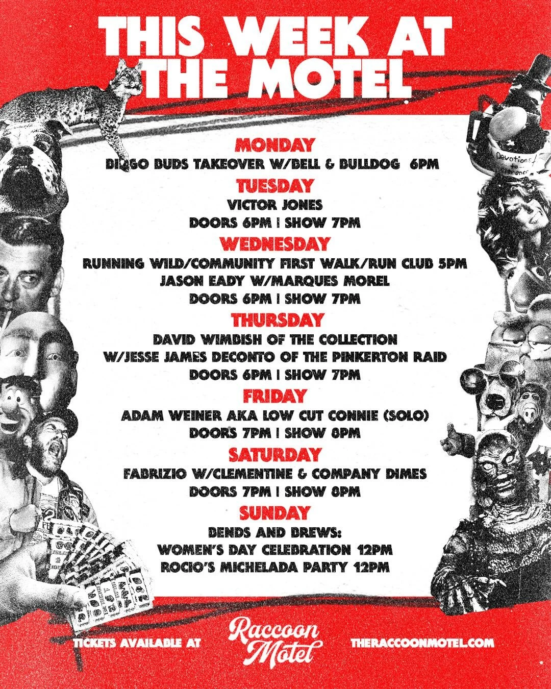 look who&rsquo;s checking in this week 🦝🍻🧳

check out our hot new website theraccoonmotel.com + snag tix, sign up for our new motel concierge email, plan a stay upstairs! 

🤩ever yearn for the glory and glamour of Monday night bingo spotlight?? h