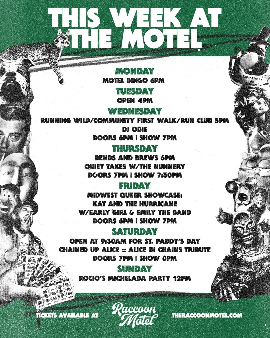 here&rsquo;s who is checking in this week 🦝🍻🍀

Tix on dice.fm
bar open at 4 pm m-f 12 weekends

6 pm 3/11 @thedjobie brings back a midweek mood booster 

9:30 am 3/14 St. Paddy&rsquo;s party 🍀