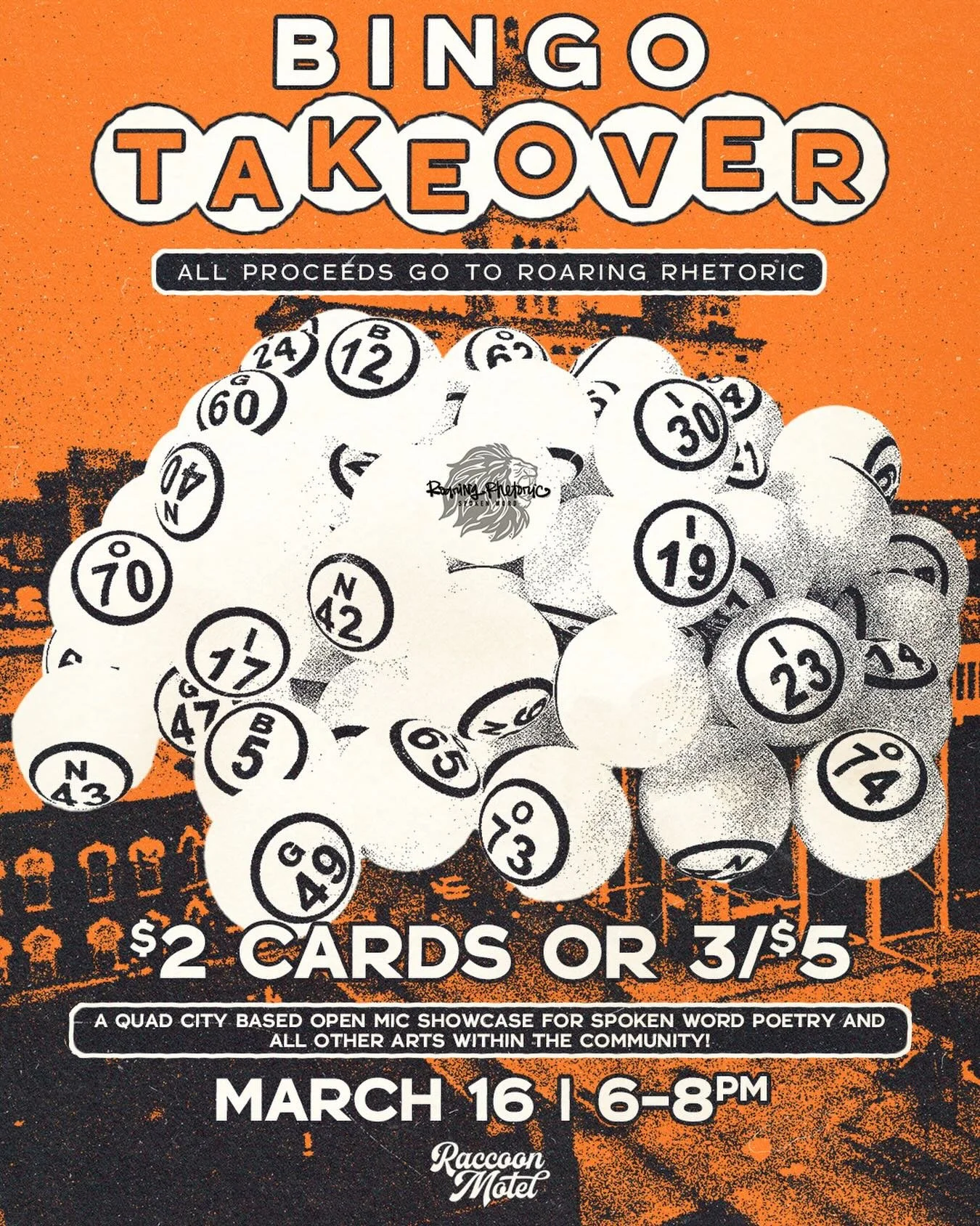 📣next up on our community bingo takeover benefits a QC artist staple @roaringrhetoric 🦁 hosted by @alishaondemand 

MONDAY MARCH 16 6-8, $2 a card 3/$5 but we won&rsquo;t stop ya from dropping more in the pot 😎 

Roaring Rhetoric brings the art of