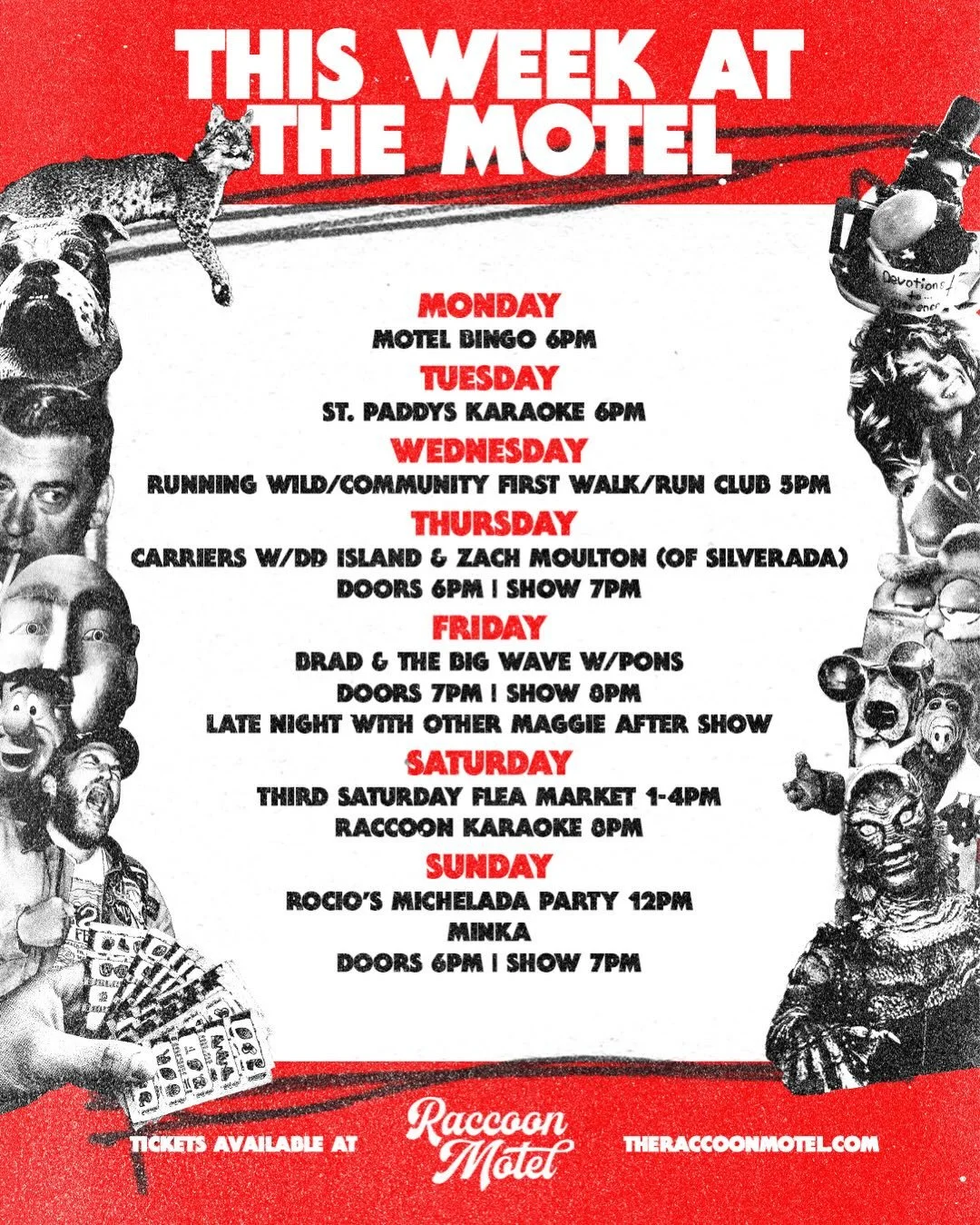 here&rsquo;s who&rsquo;s checking in this week! 🦝🍻

@roaringrhetoric bingo postponed to next week (3/23) because we wanna PACK THE HOUSE- so join us for regular ol bingo tonight at 6.

St. Paddy&rsquo;s karaoke Tuesday, late night with other Maggie