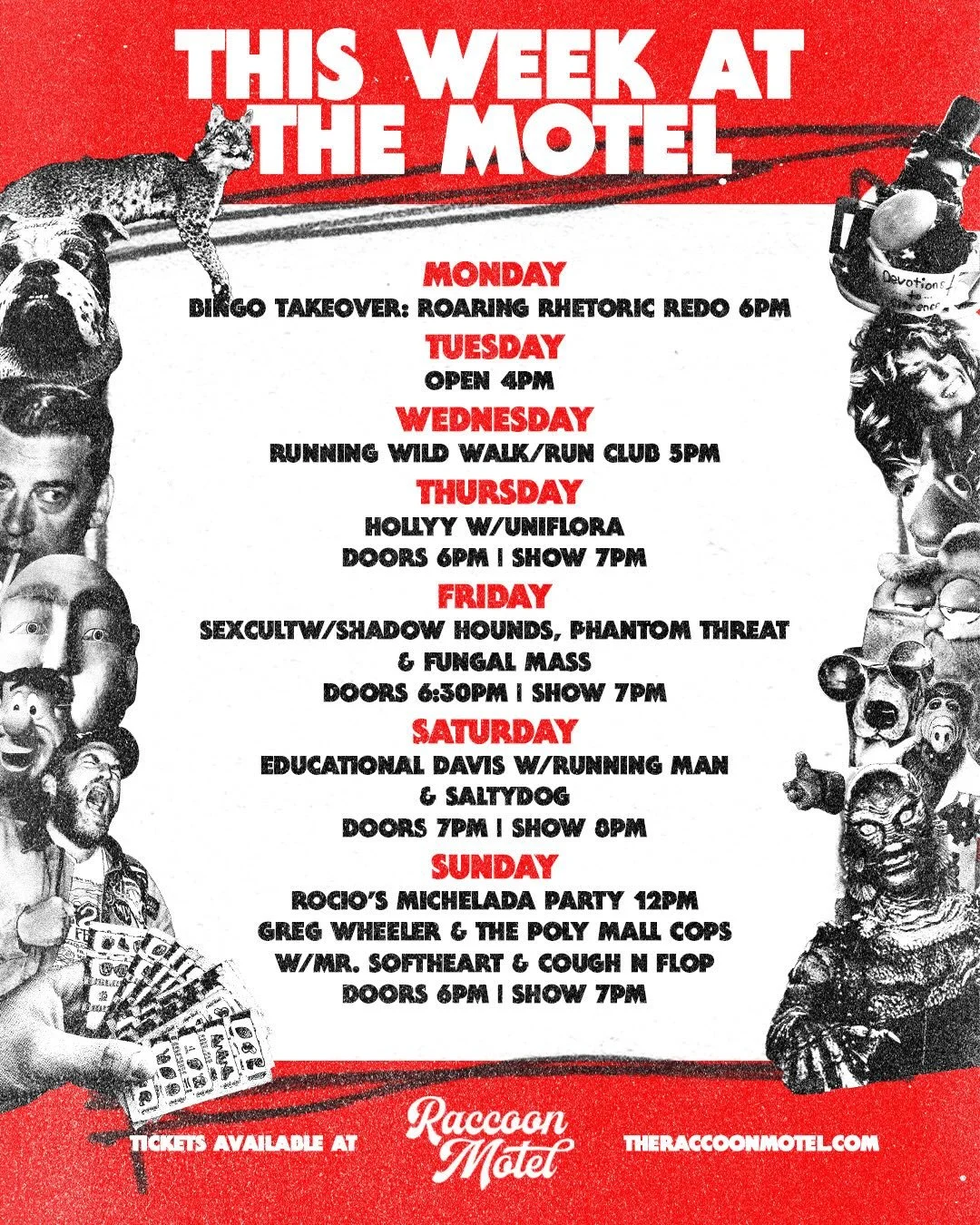 Here&rsquo;s who is checking in this week 🦝🍻🎶

come win some treasures for a cause tonight @roaringrhetoric + @alishaondemand takes over motel bingo 6-8 🦁

bar open at 4 m-f 12 sat + sun. tix on dice.fm (link in bio)