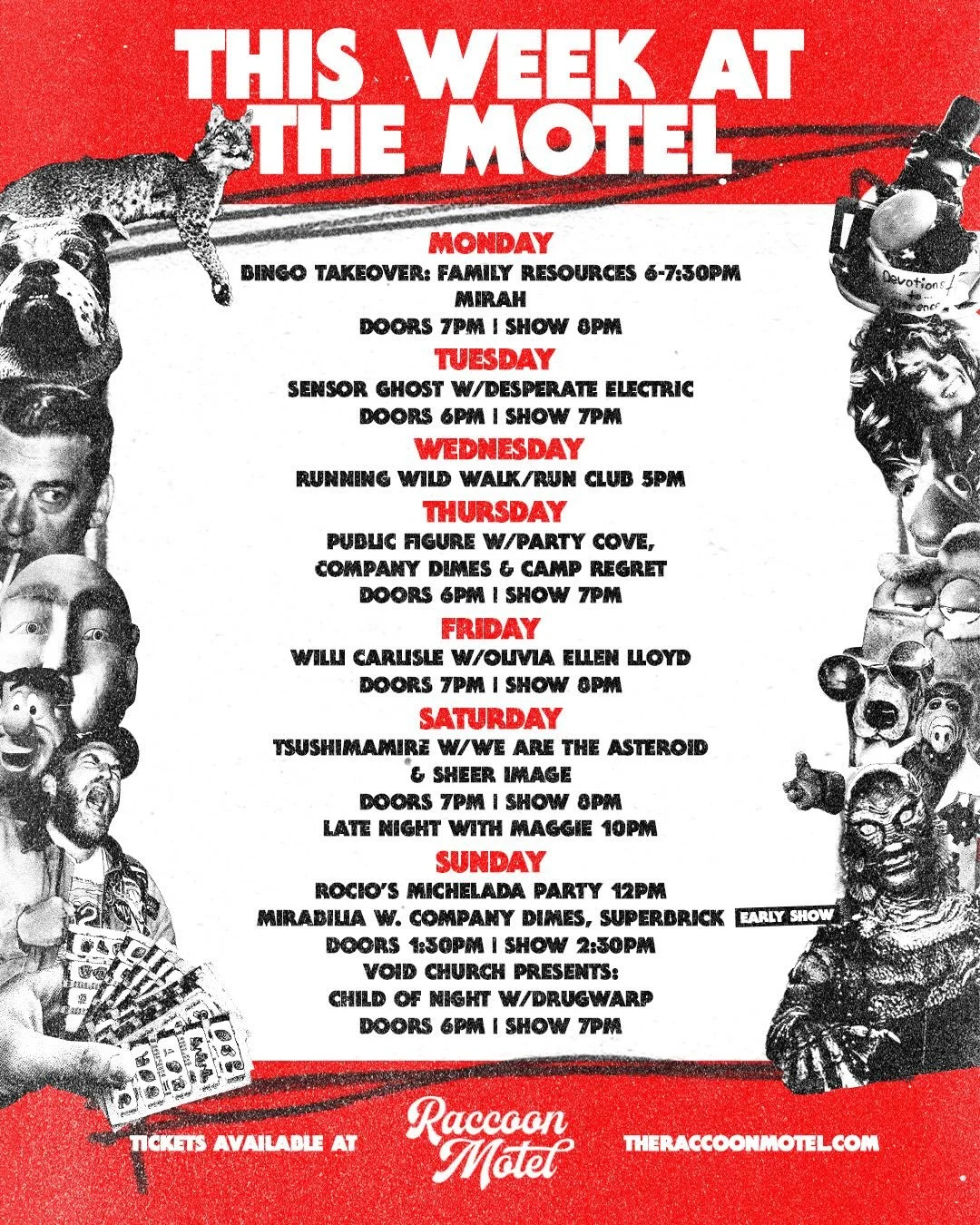 here&rsquo;s who is checking into the motel this week 🛎️🦝🍺🎶

No funny business this week&hellip; other than Late Night with Other Maggie (@mdriscal)

BAR open 4 pm M-F, 12 SAT-SUN 
tix on dice, webstore 24/7 on theraccoonmotel.com
