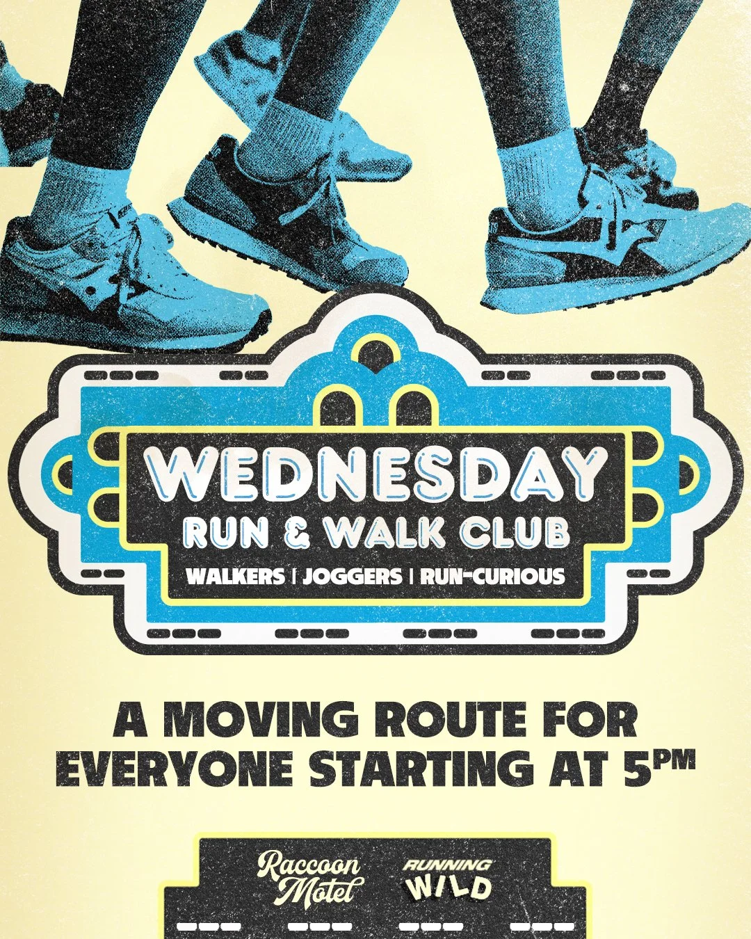 Poster for Wednesday Run & Walk Club featuring a graphic of three pairs of running shoes and details about the event at 5 PM.