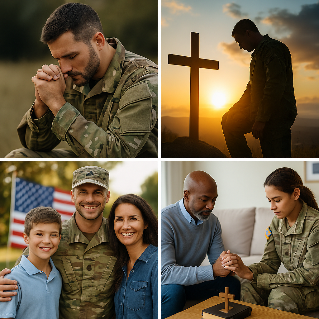 Collage of four images: First shows a praying soldier with hands clasped; second depicts a soldier looking at a cross during sunset; third features a smiling soldier with a family and American flag in background; fourth shows a soldier praying with an older man indoors.