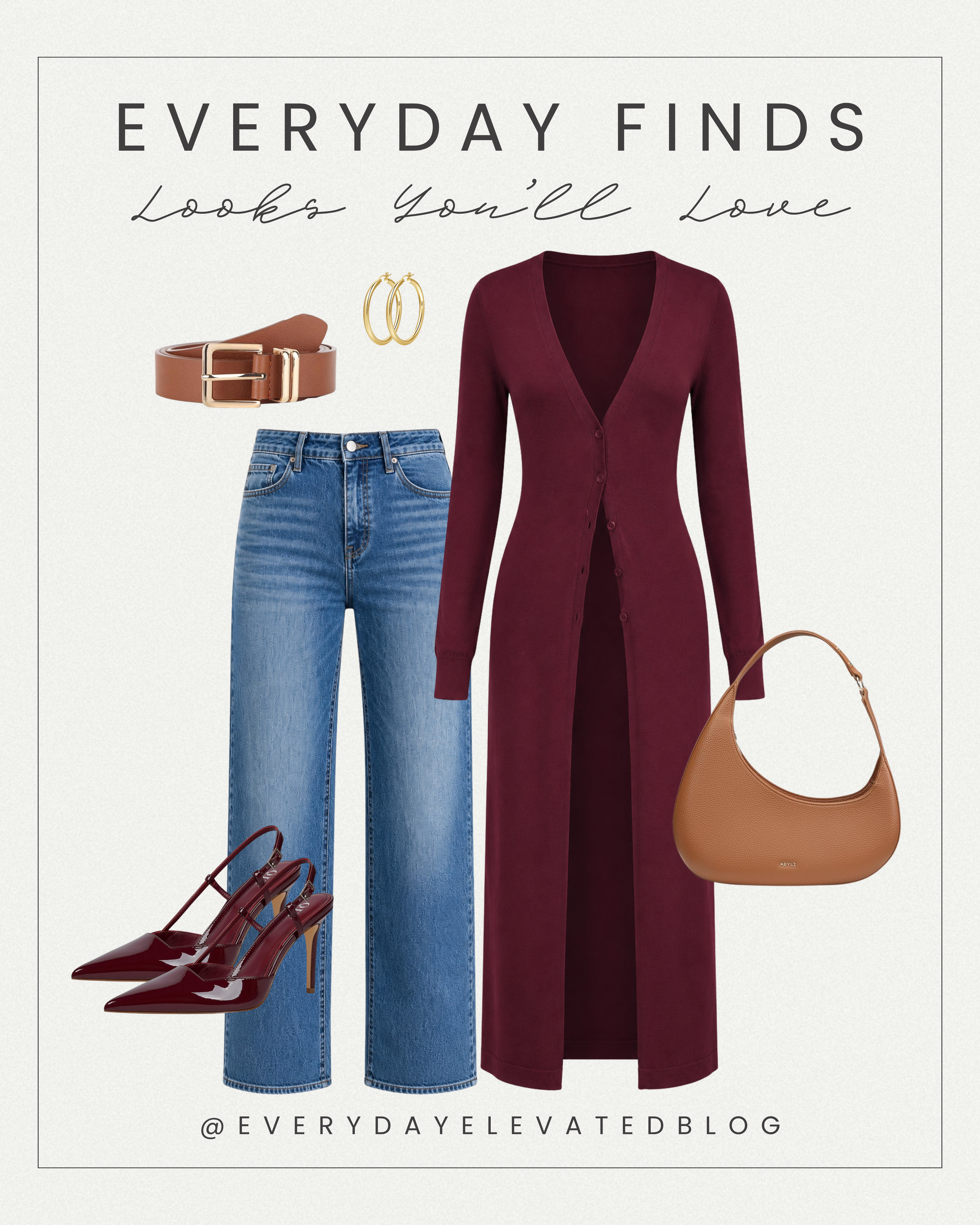 Burgundy cardigan outfit with wide leg jeans, burgundy slingback heels, cognac leather shoulder bag, brown leather belt, and gold hoop earrings.