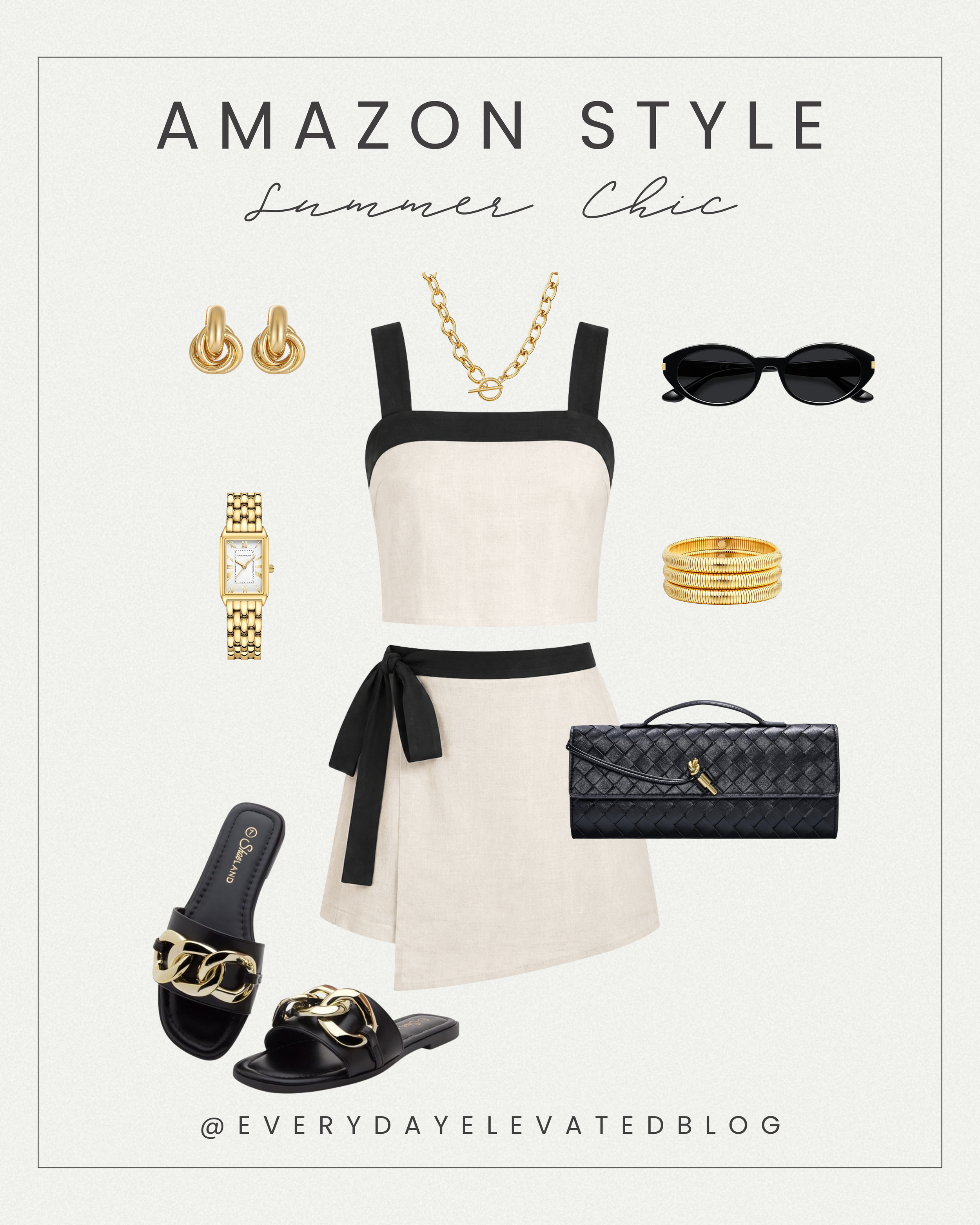 Neutral linen matching set outfit with black trim styled with gold jewelry, black sandals, black sunglasses, and a woven clutch for a chic summer fashion look.