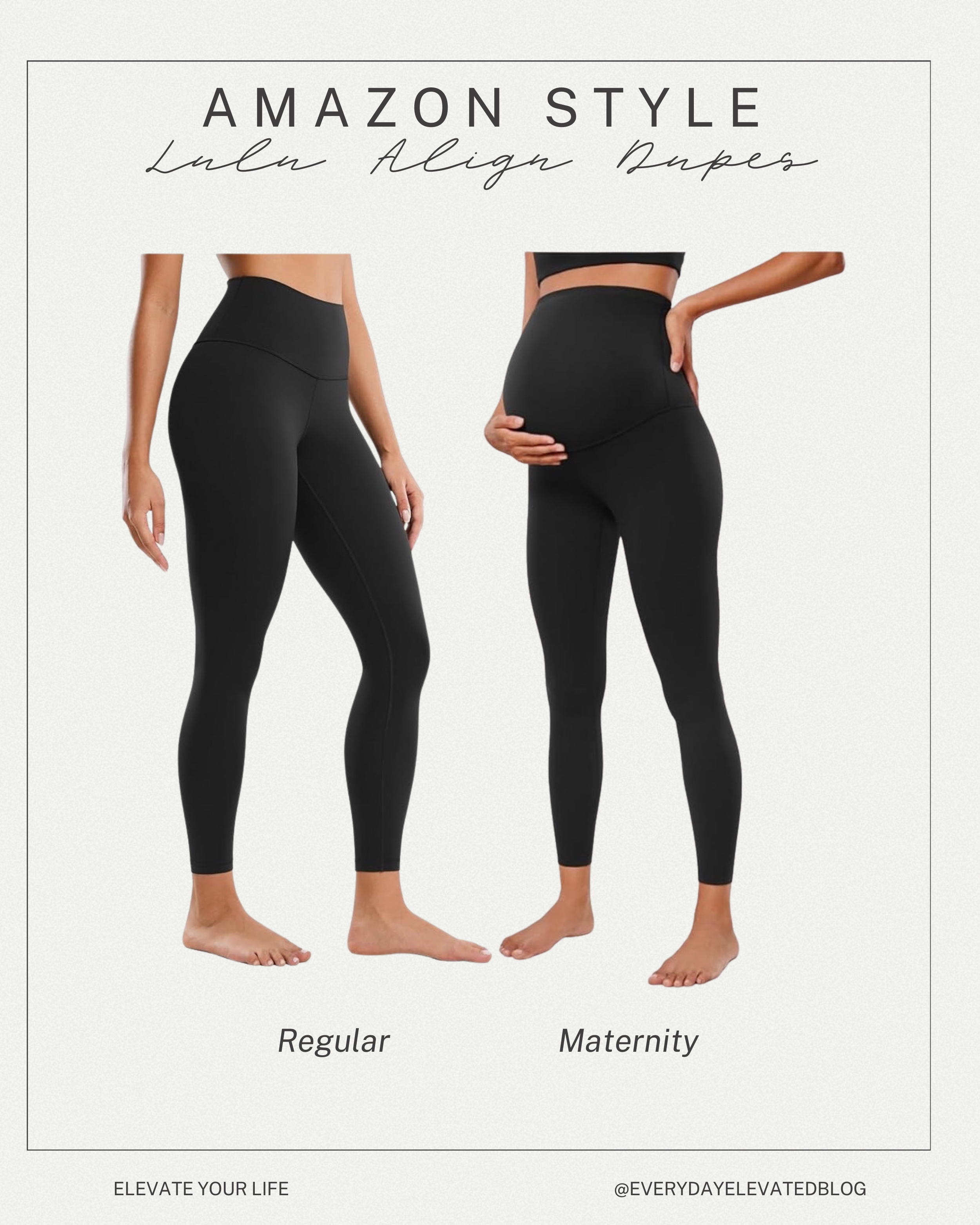 Amazon Lululemon Align legging dupes comparison showing regular high-waisted black leggings and maternity over-the-bump black leggings with supportive belly panel.