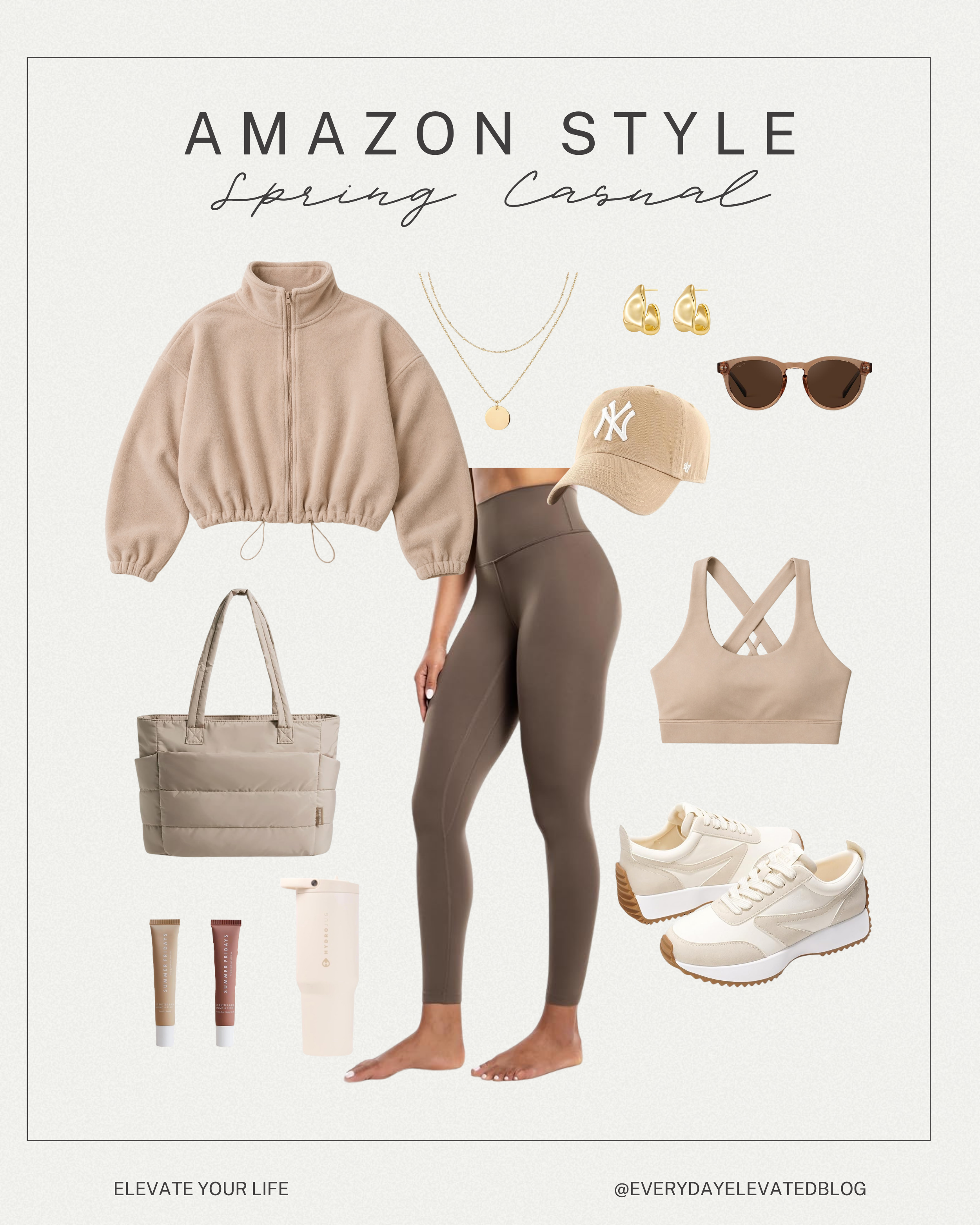 Amazon spring casual outfit with neutral athleisure set including cropped quarter zip pullover, high waisted leggings, sports bra, sneakers, tote bag, and gold accessories
