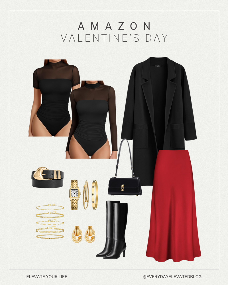 Chic Amazon Valentine’s Day outfit featuring a black sheer long-sleeve bodysuit, red satin midi skirt, black peacoat, knee-high black heeled boots, gold jewelry, and a black shoulder bag