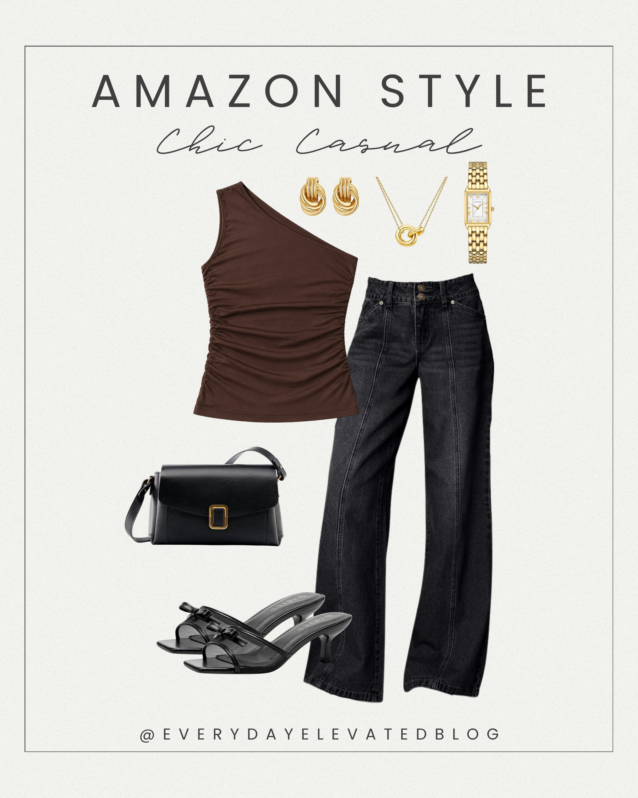Spring casual outfit flat lay featuring a brown one shoulder top, dark wide leg jeans, black mesh heels, structured black handbag, and gold jewelry accessories on a neutral background