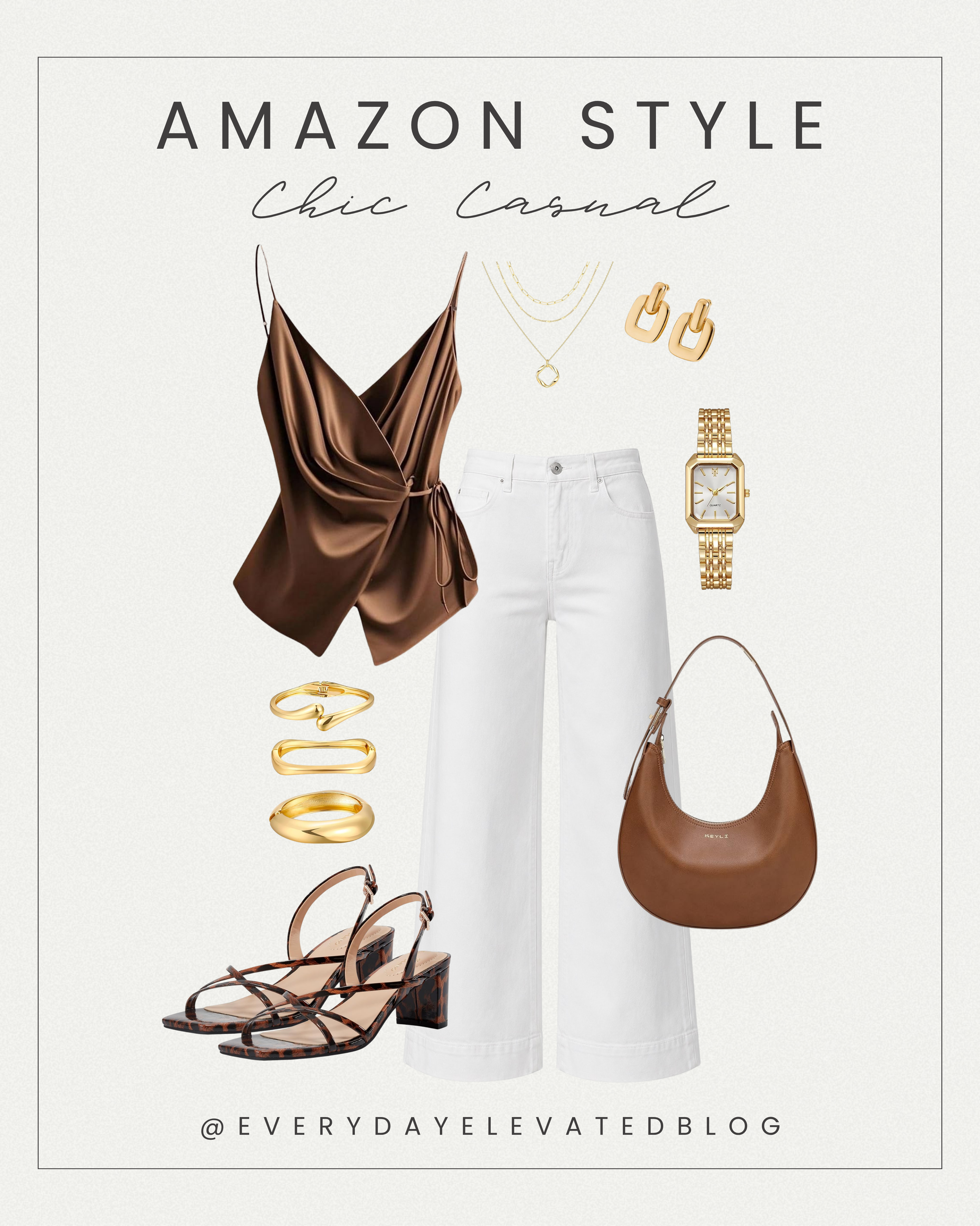 Chic casual Amazon outfit collage featuring a brown satin draped camisole, white wide leg jeans, tortoise block heel sandals, gold jewelry, gold watch, and brown shoulder bag.