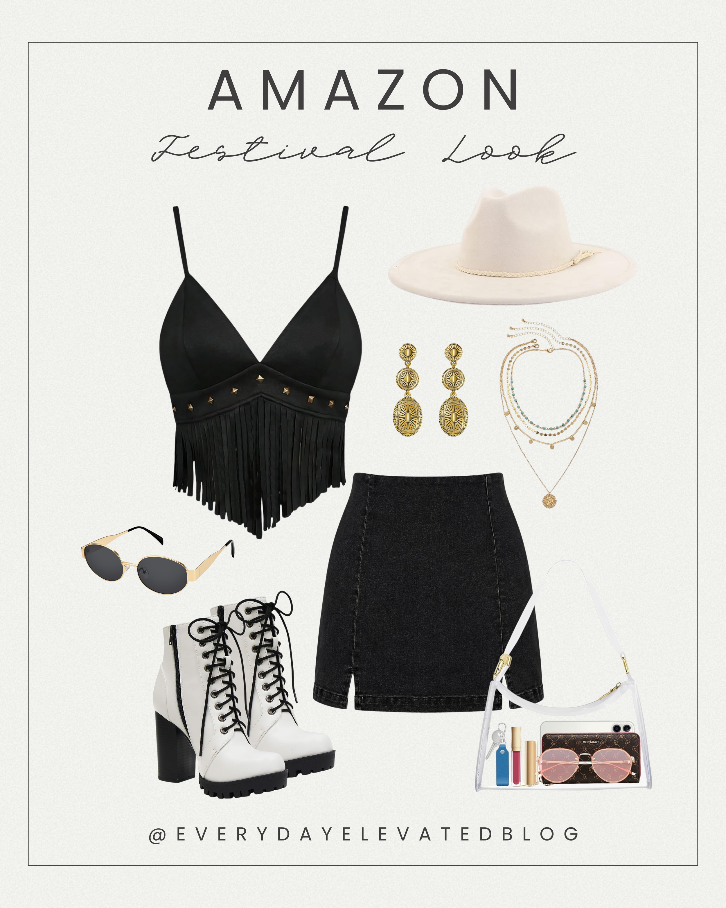 Black fringe festival outfit flat lay with black fringe crop top, brown mini skirt, black hat, black chunky combat boots, layered necklaces, sunglasses, and clear handbag for an all-black boho concert outfit aesthetic.
