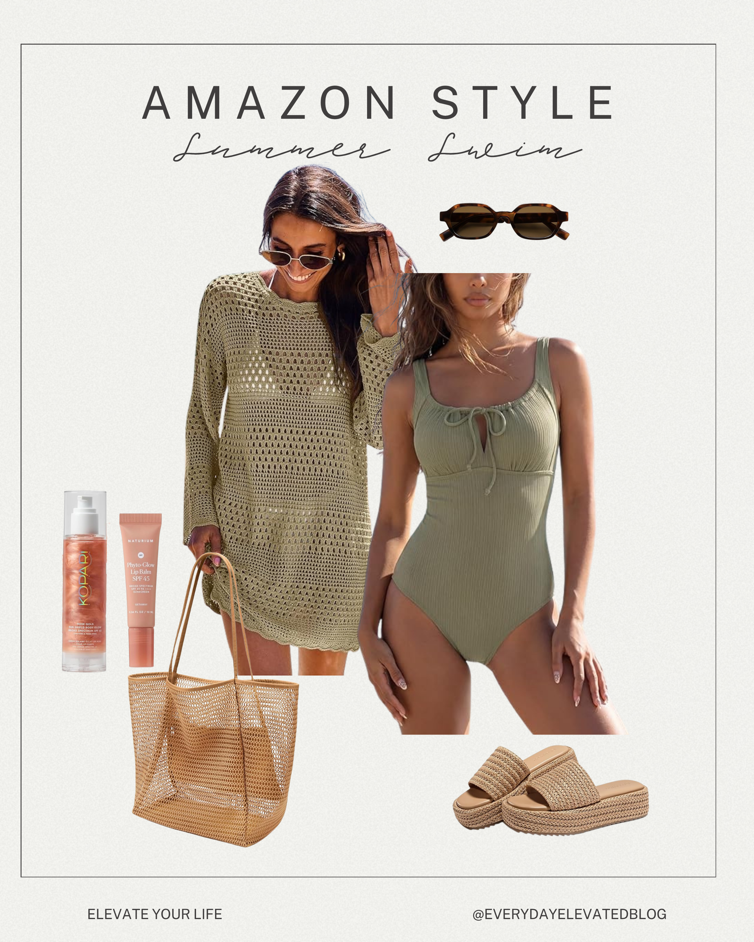 Olive green one-piece swimsuit with crochet cover-up, woven tote bag, platform sandals, sunglasses, SPF lip gloss, and body glow gel for a chic summer beach outfit