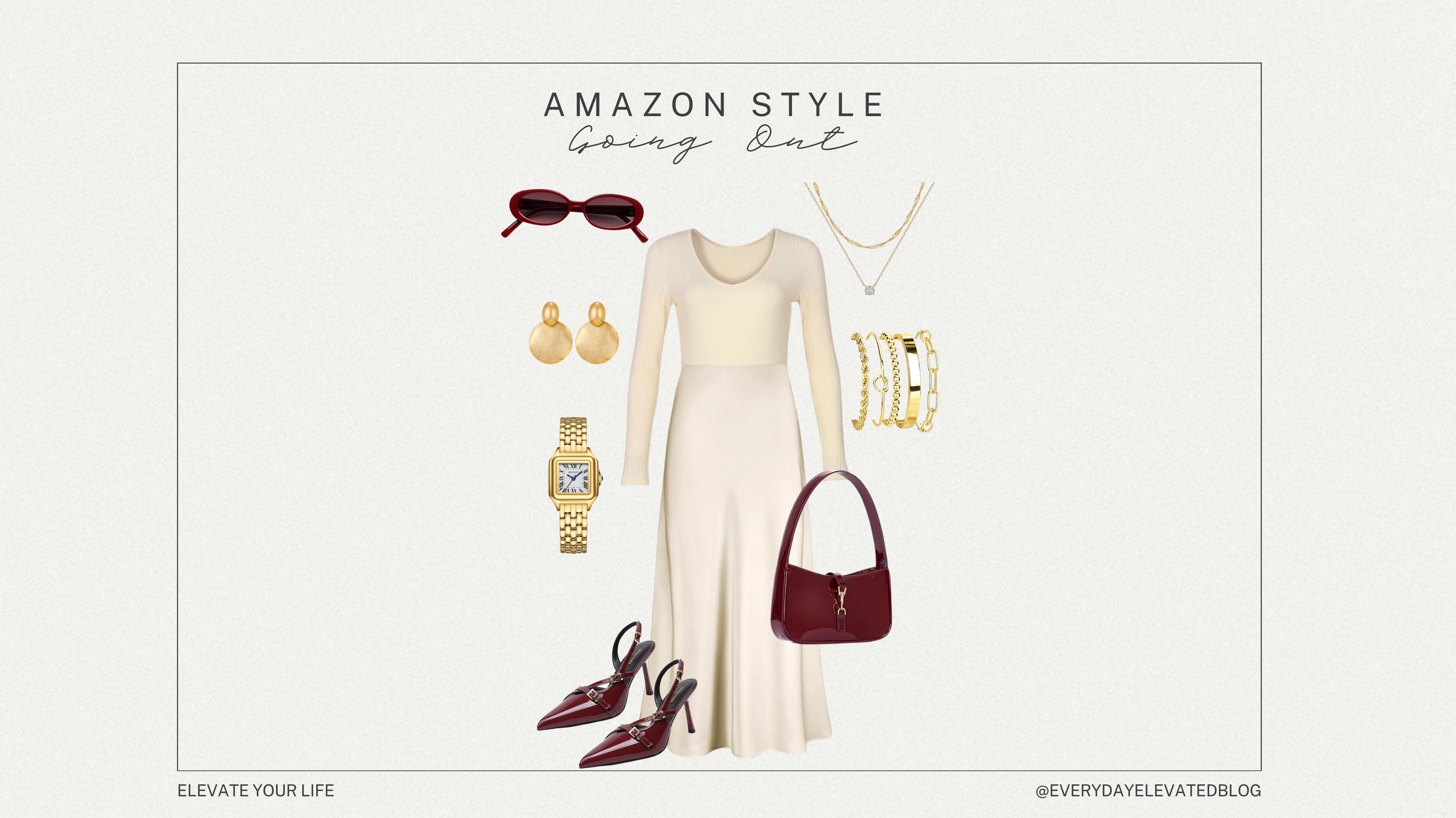 Effortlessly Chic Neutral Dress with Burgundy Accessories