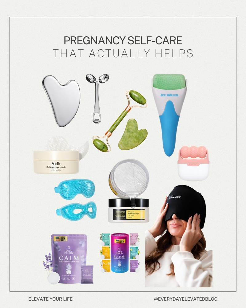 Pregnancy self-care products including gua sha tools, face rollers, ice roller, collagen eye patches, reusable gel eye mask, migraine relief cap, and shower steamers for swelling and relaxation.