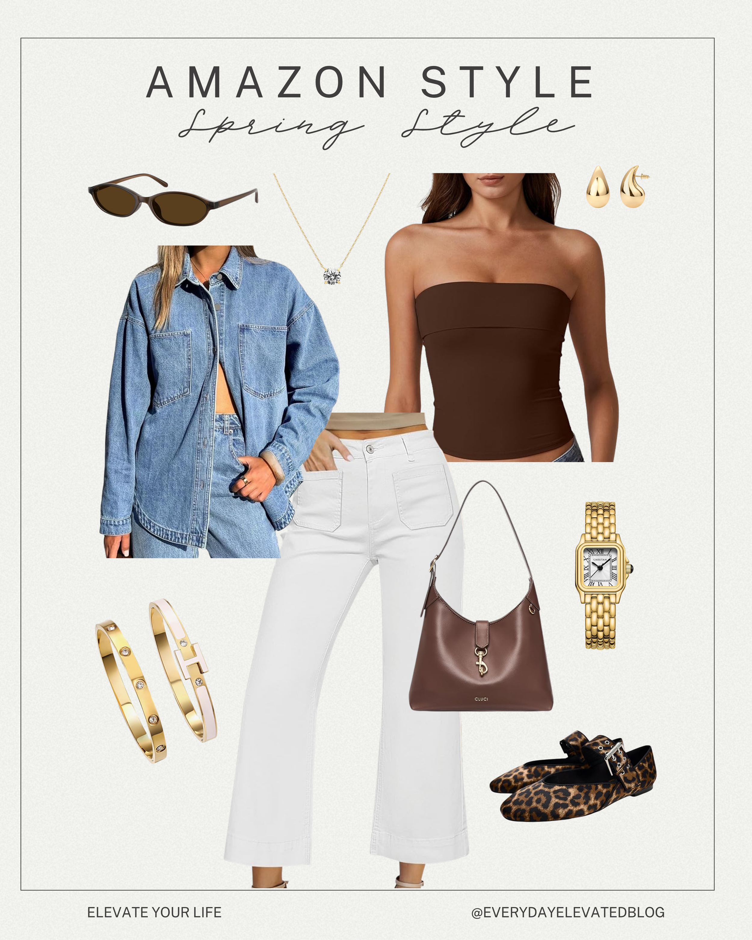 Spring outfit collage featuring a brown strapless top, oversized denim shirt, white cropped jeans, leopard flats, brown shoulder bag, sunglasses, and gold accessories