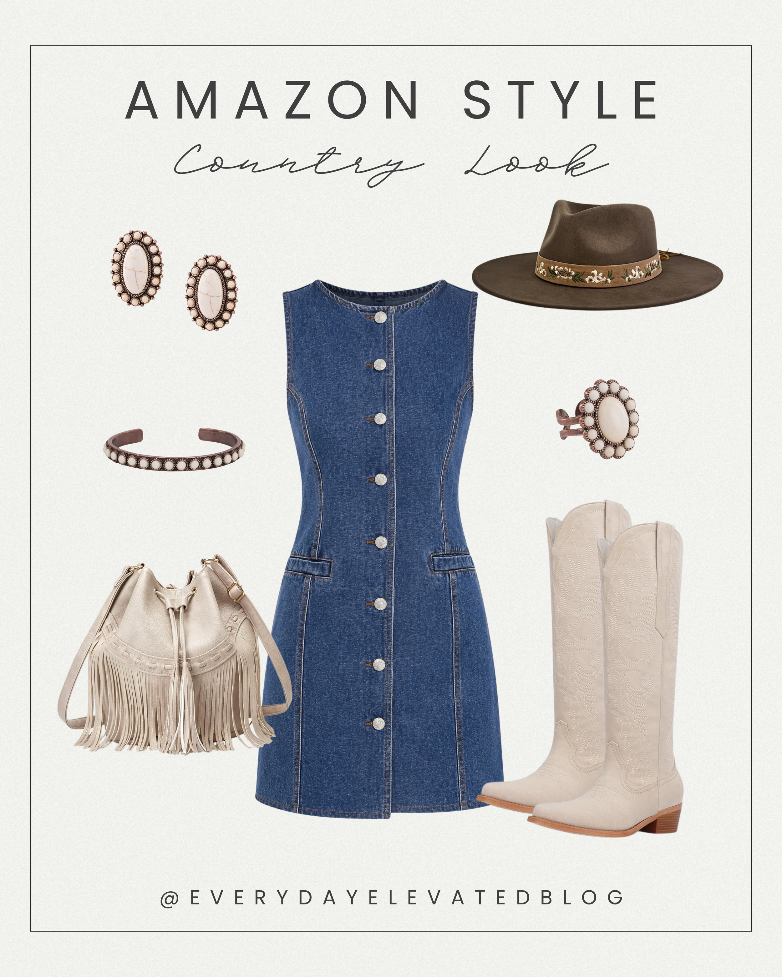 Amazon country concert outfit featuring a denim button-front dress, cream cowboy boots, western hat, fringe handbag, and western-inspired jewelry.