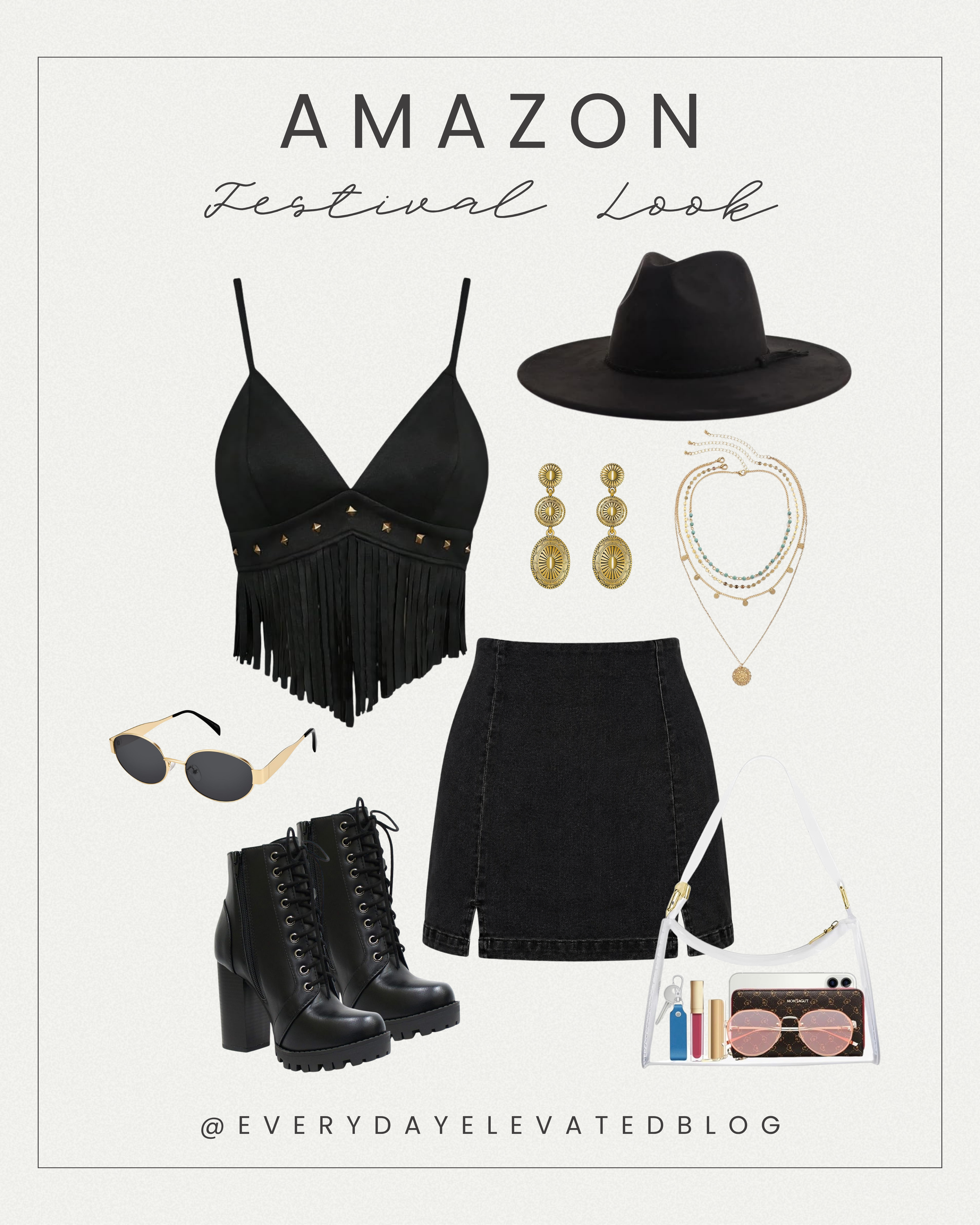 Black fringe festival outfit with white wide-brim hat, black denim mini skirt, white lace-up heeled boots, layered gold jewelry, sunglasses, and clear shoulder bag styled for a trendy summer festival look.