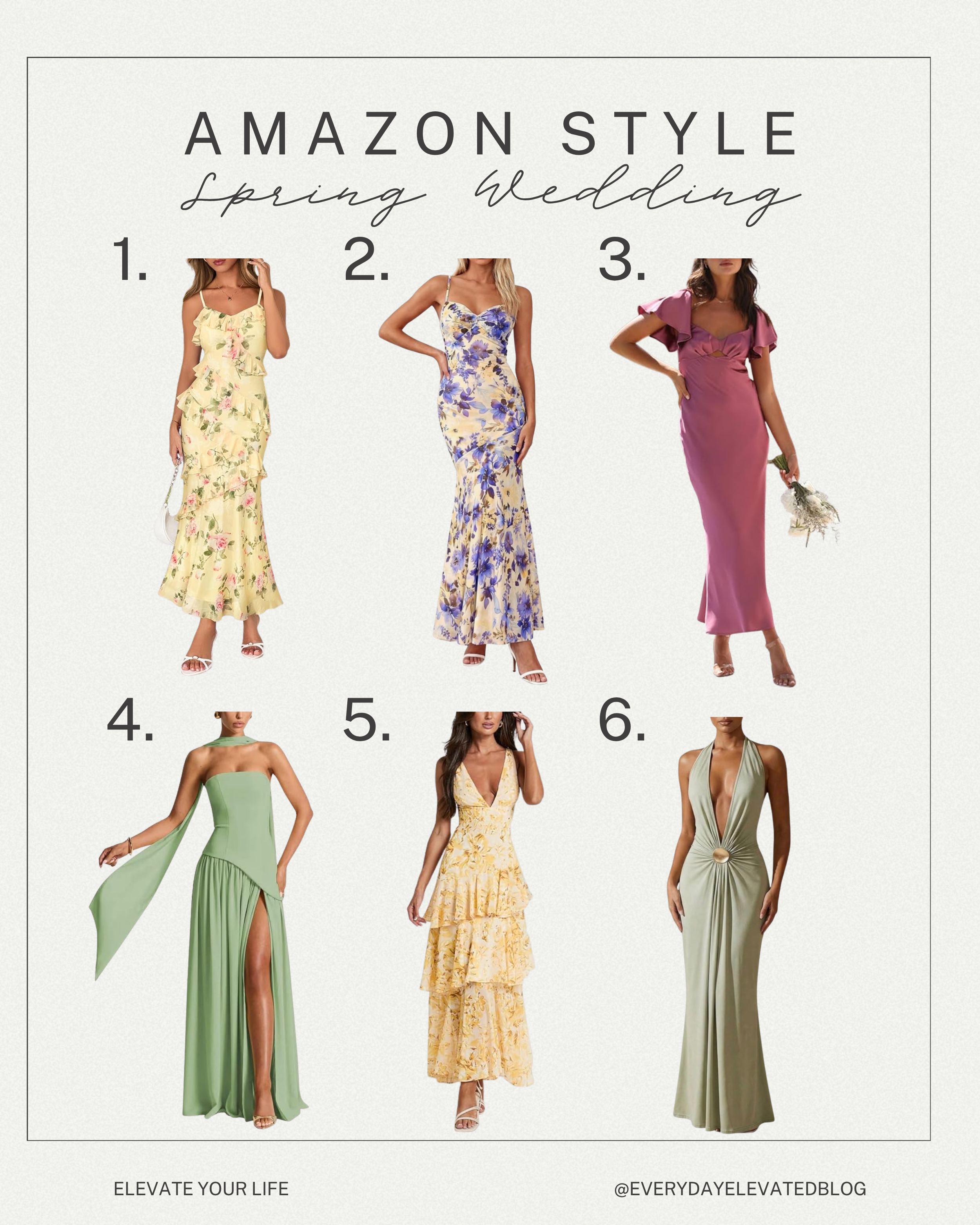 Collage of six affordable spring wedding guest dresses from Amazon featuring floral midi dresses, bodycon maxi dresses, and elegant halter styles in soft pastel colors.