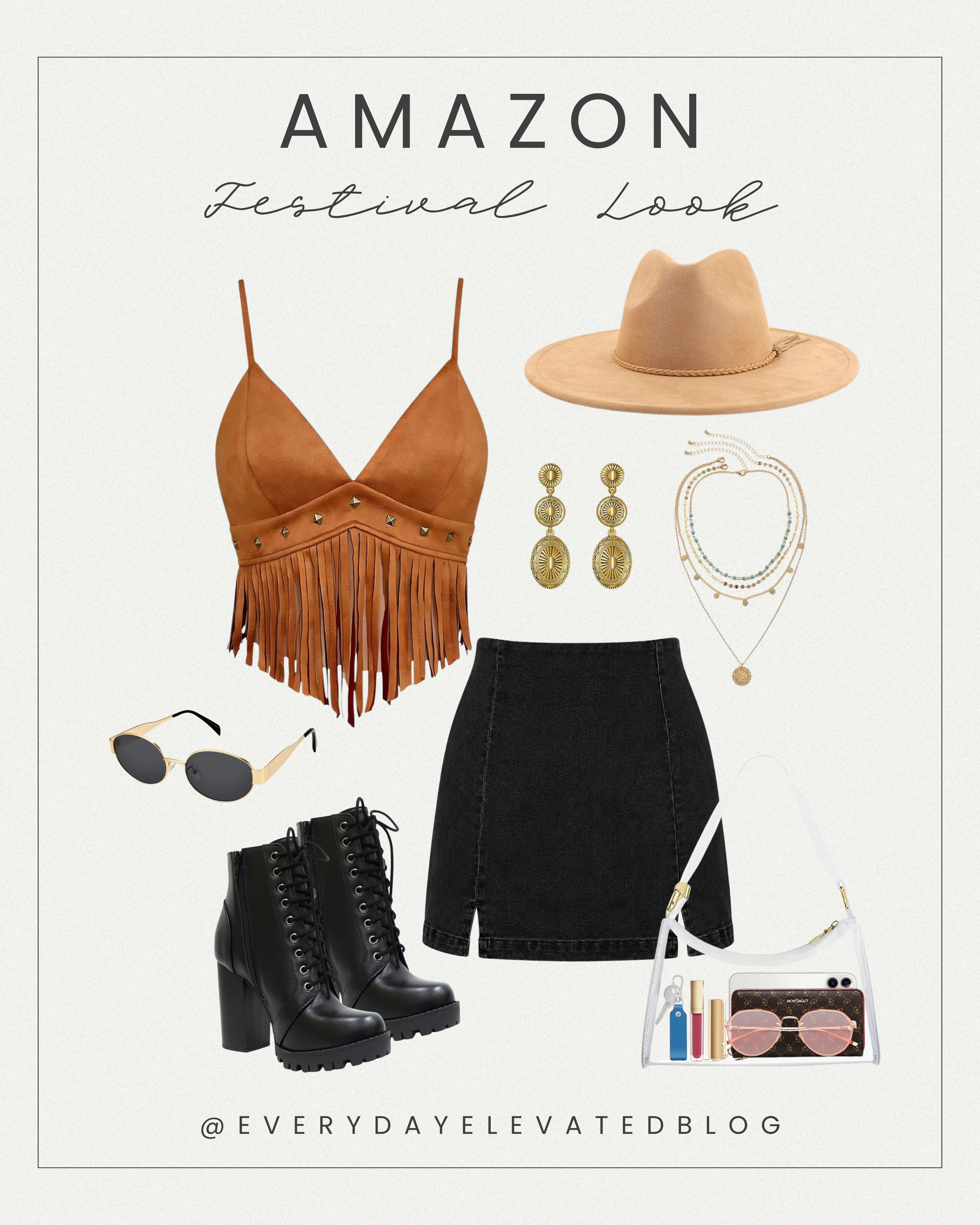 Brown fringe festival outfit with tan wide-brim hat, black denim mini skirt, black combat boots, layered gold jewelry, sunglasses, and clear shoulder bag styled for a western-inspired festival outfit idea.